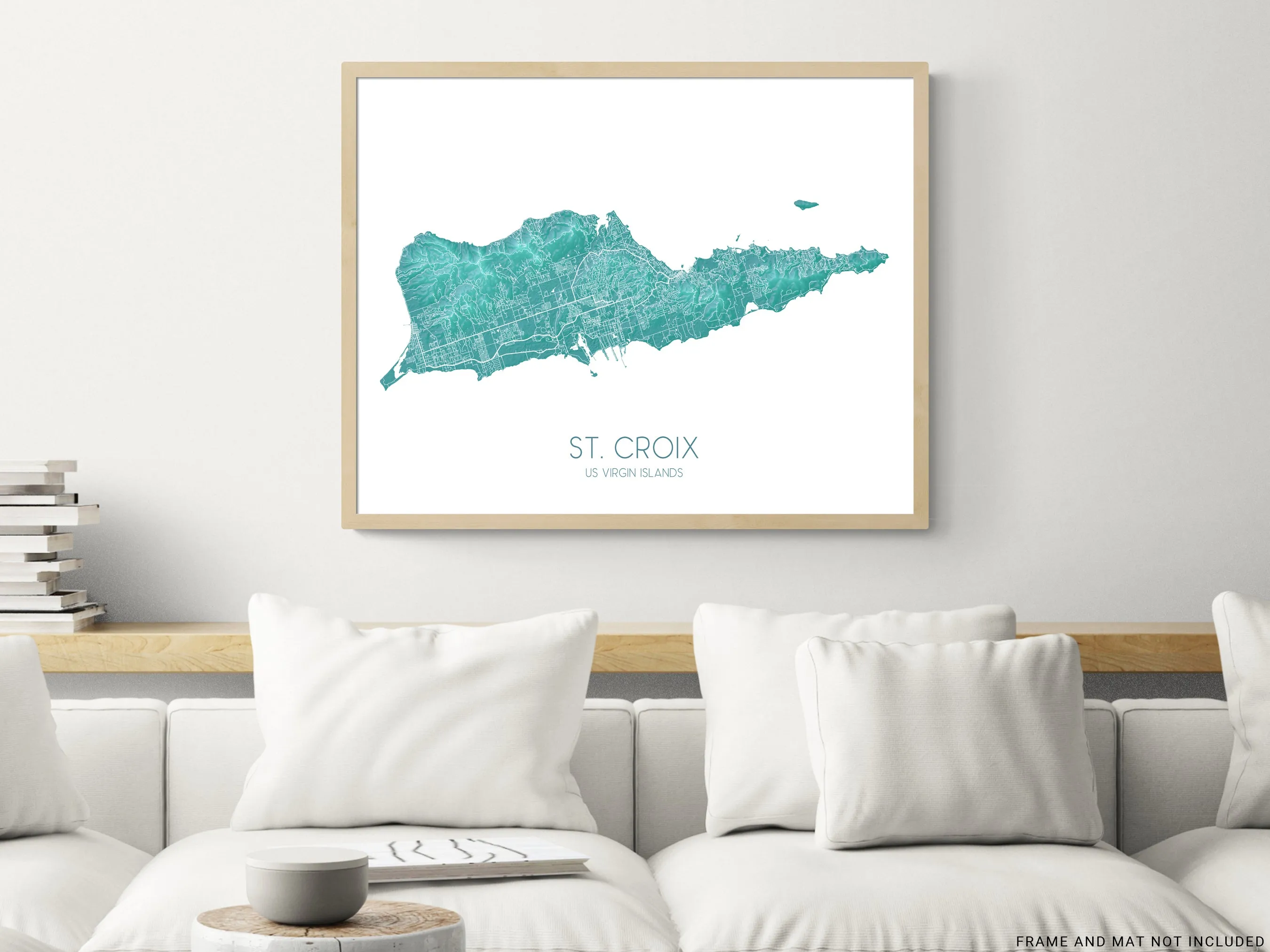 St Croix Map Wall Art Print Poster, Turquoise US Virgin Islands Maps, Saint Croix USVI, Caribbean Island Road Maps