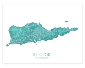 St Croix Map Wall Art Print Poster, Turquoise US Virgin Islands Maps, Saint Croix USVI, Caribbean Island Road Maps