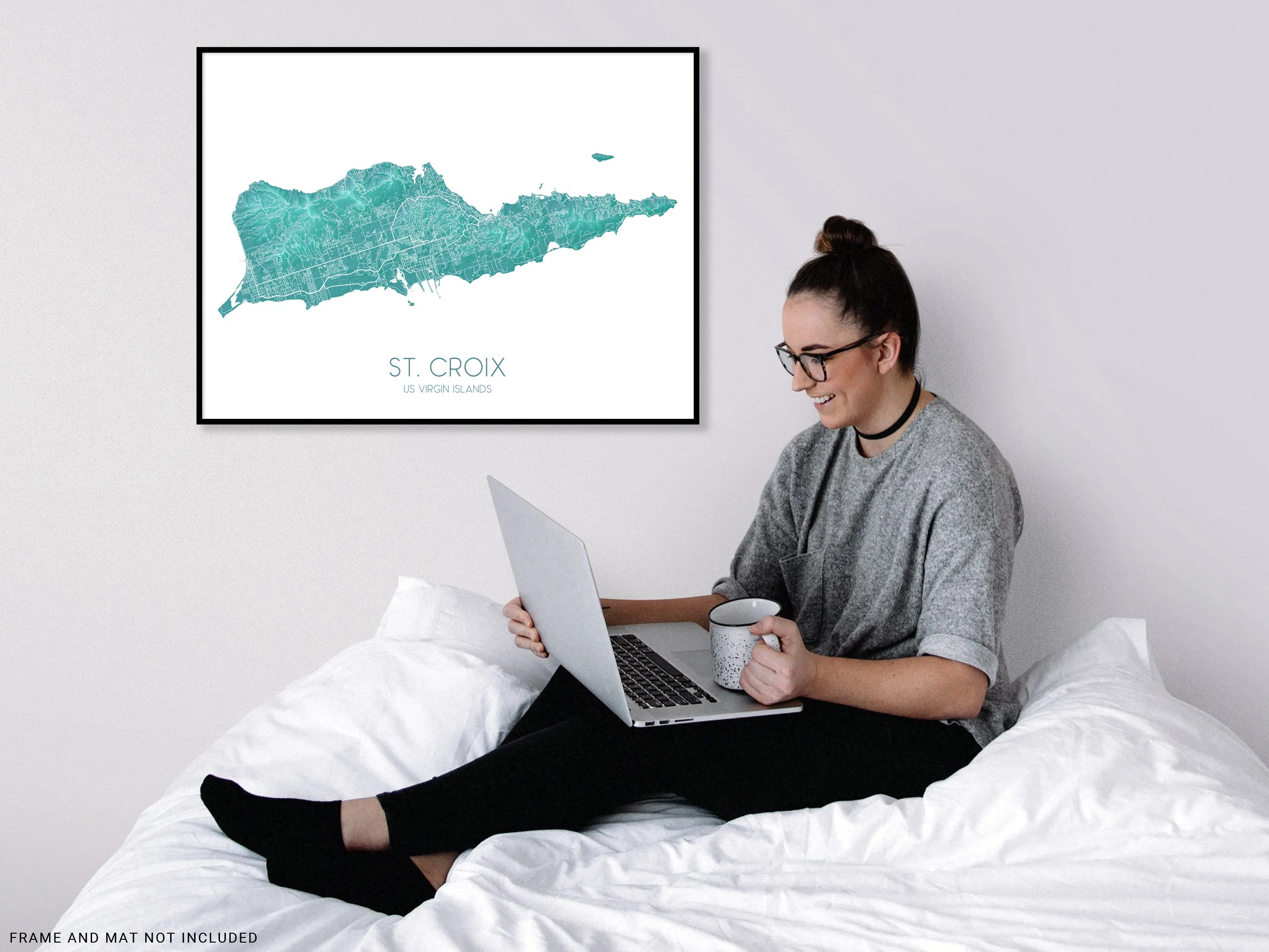 St Croix Map Wall Art Print Poster, Turquoise US Virgin Islands Maps, Saint Croix USVI, Caribbean Island Road Maps