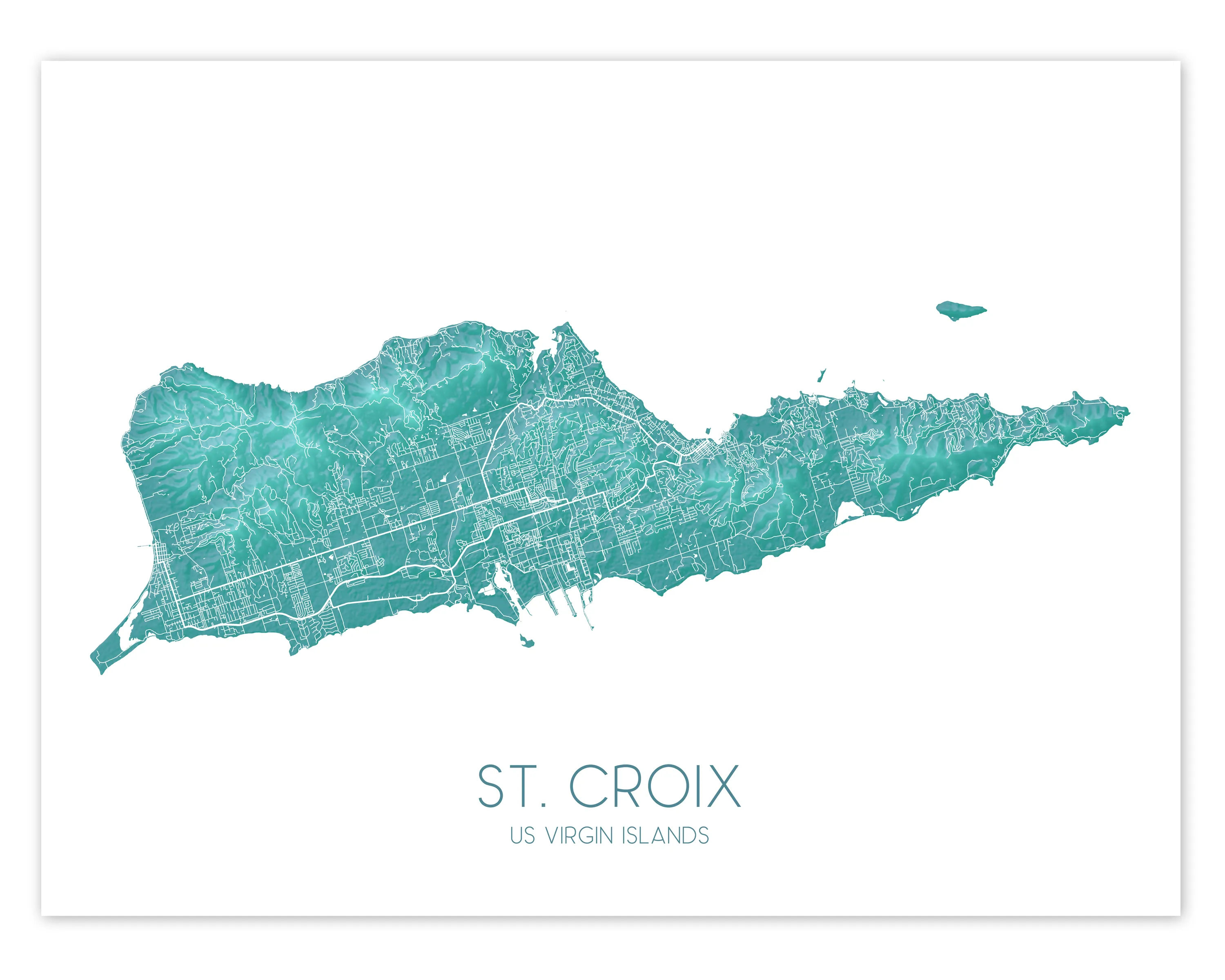 St Croix Map Wall Art Print Poster, Turquoise US Virgin Islands Maps, Saint Croix USVI, Caribbean Island Road Maps