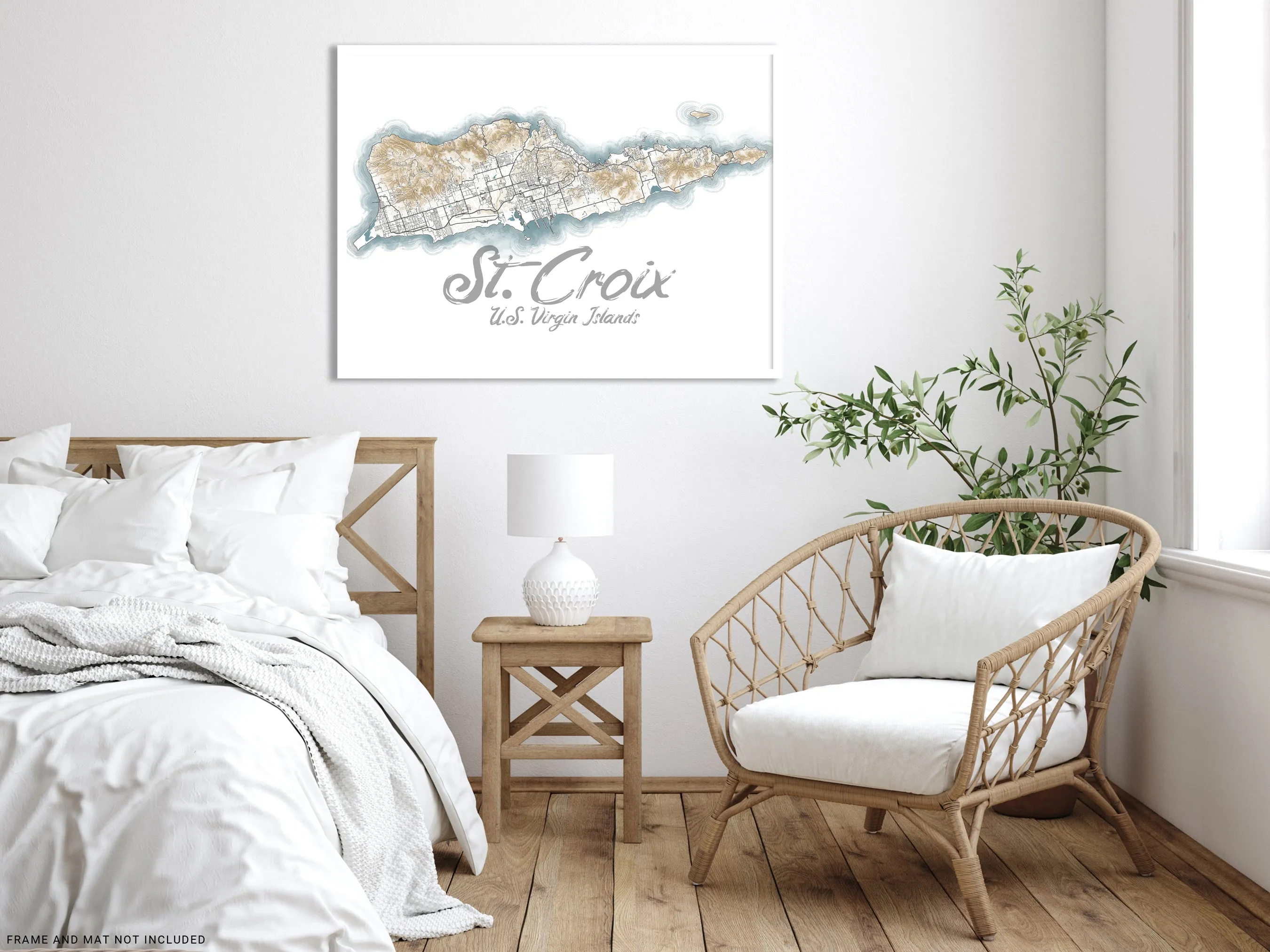 St Croix USVI Contour Map Wall Art Print Poster, Caribbean Saint Croix US Virgin Islands Maps