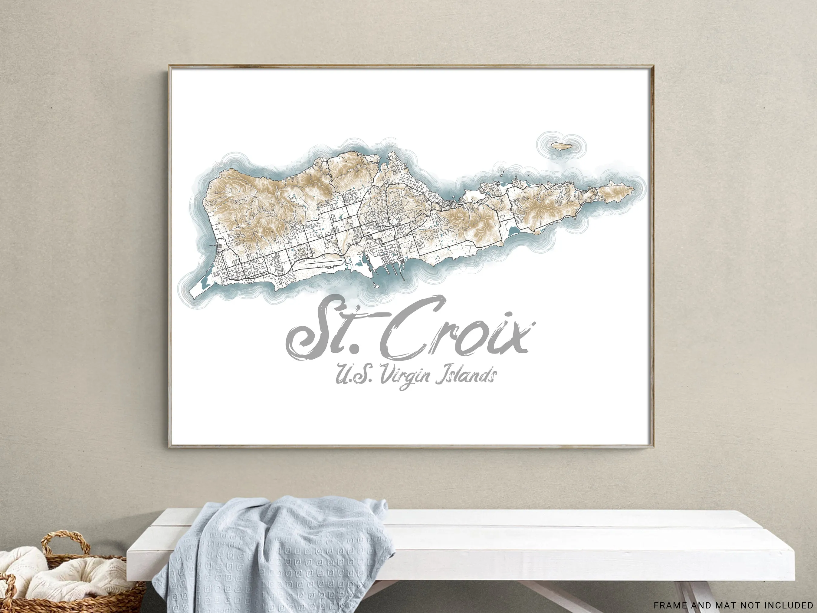 St Croix USVI Contour Map Wall Art Print Poster, Caribbean Saint Croix US Virgin Islands Maps