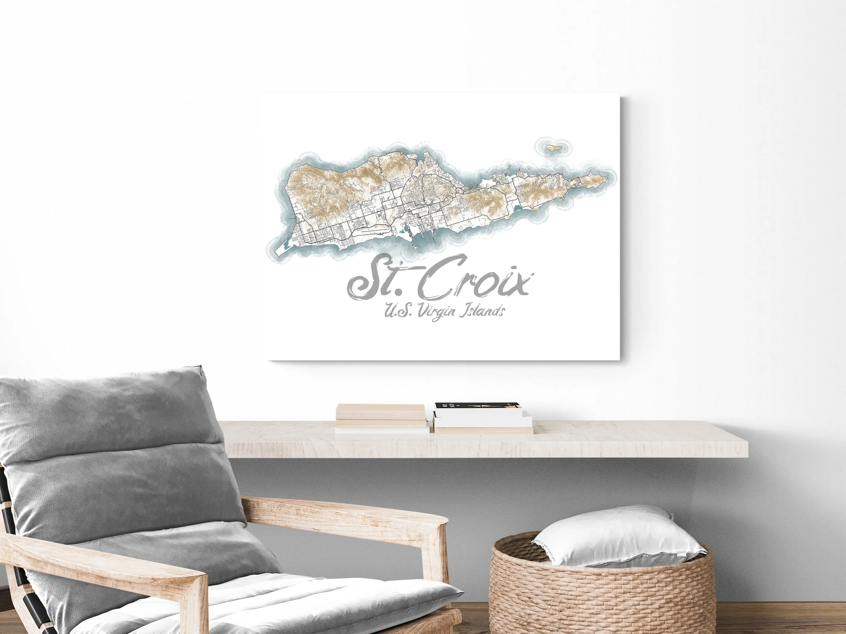 St Croix USVI Contour Map Wall Art Print Poster, Caribbean Saint Croix US Virgin Islands Maps