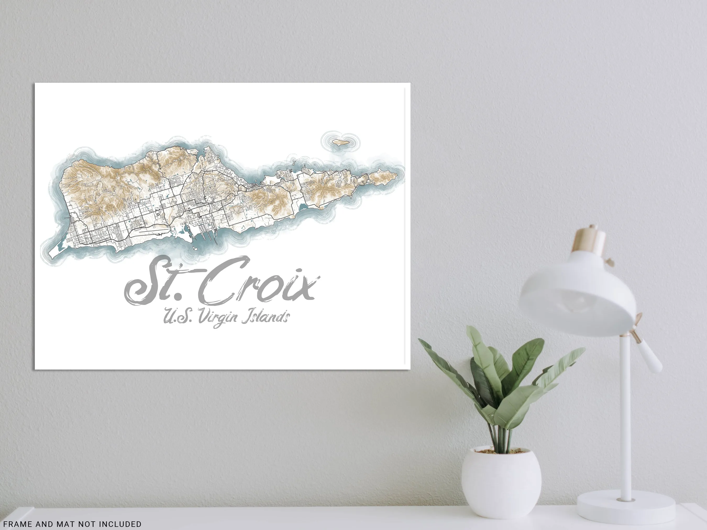 St Croix USVI Contour Map Wall Art Print Poster, Caribbean Saint Croix US Virgin Islands Maps