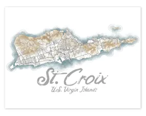 St Croix USVI Contour Map Wall Art Print Poster, Caribbean Saint Croix US Virgin Islands Maps