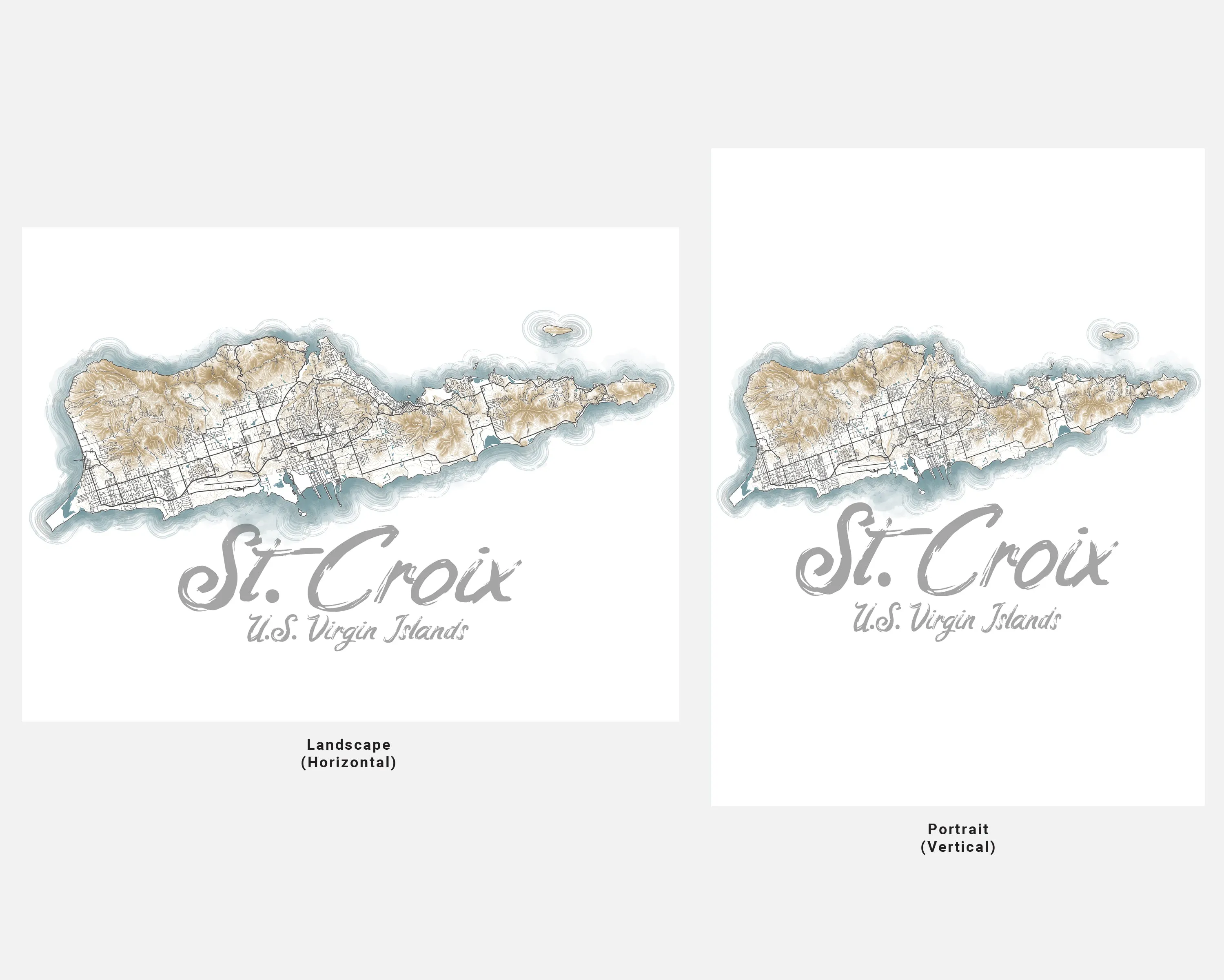 St Croix USVI Contour Map Wall Art Print Poster, Caribbean Saint Croix US Virgin Islands Maps