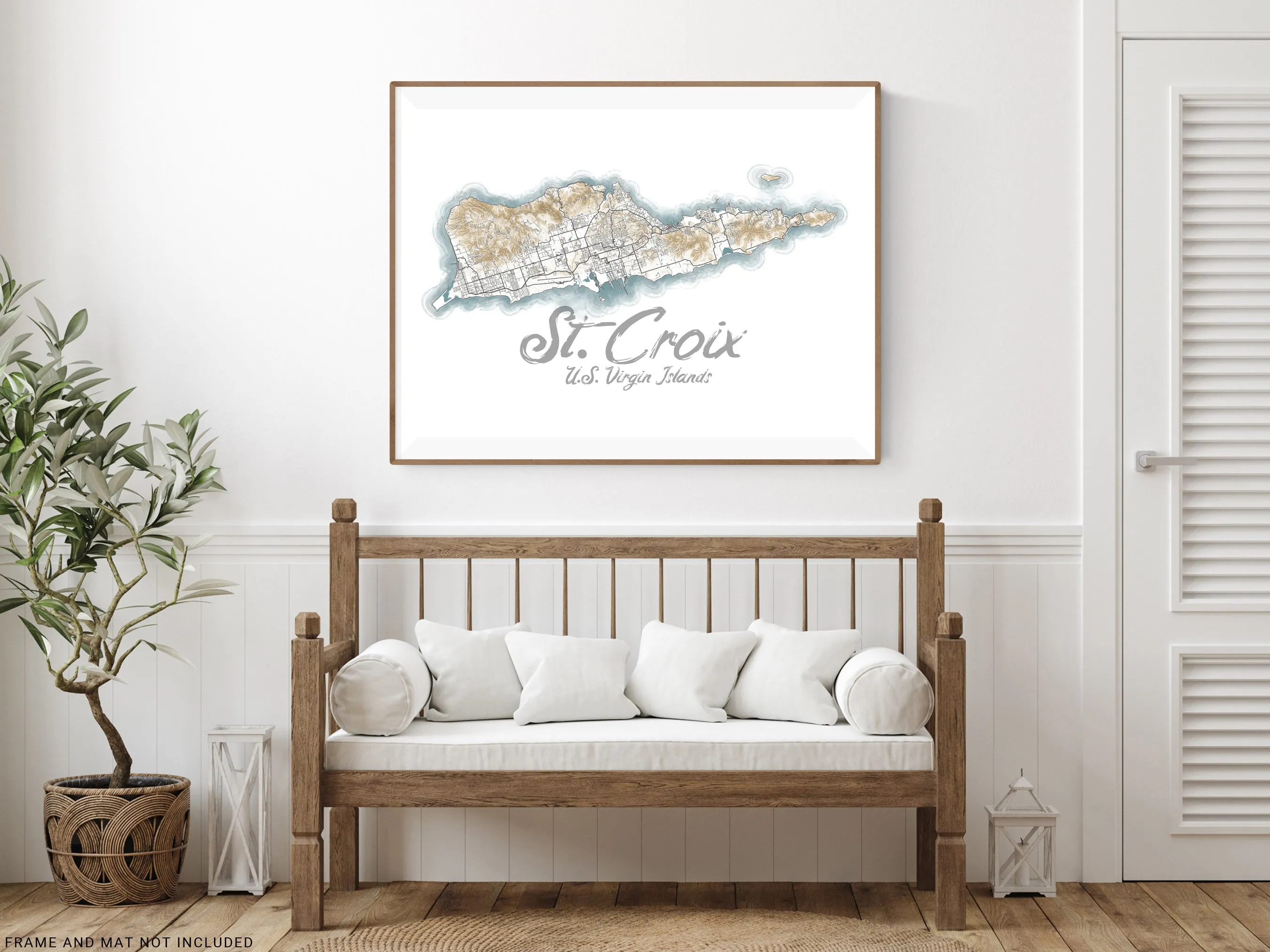 St Croix USVI Contour Map Wall Art Print Poster, Caribbean Saint Croix US Virgin Islands Maps