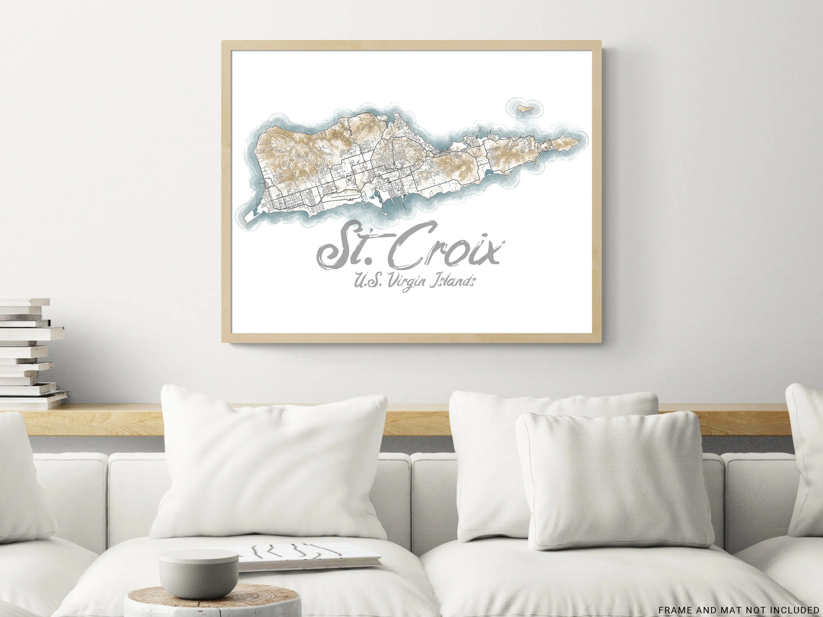 St Croix USVI Contour Map Wall Art Print Poster, Caribbean Saint Croix US Virgin Islands Maps