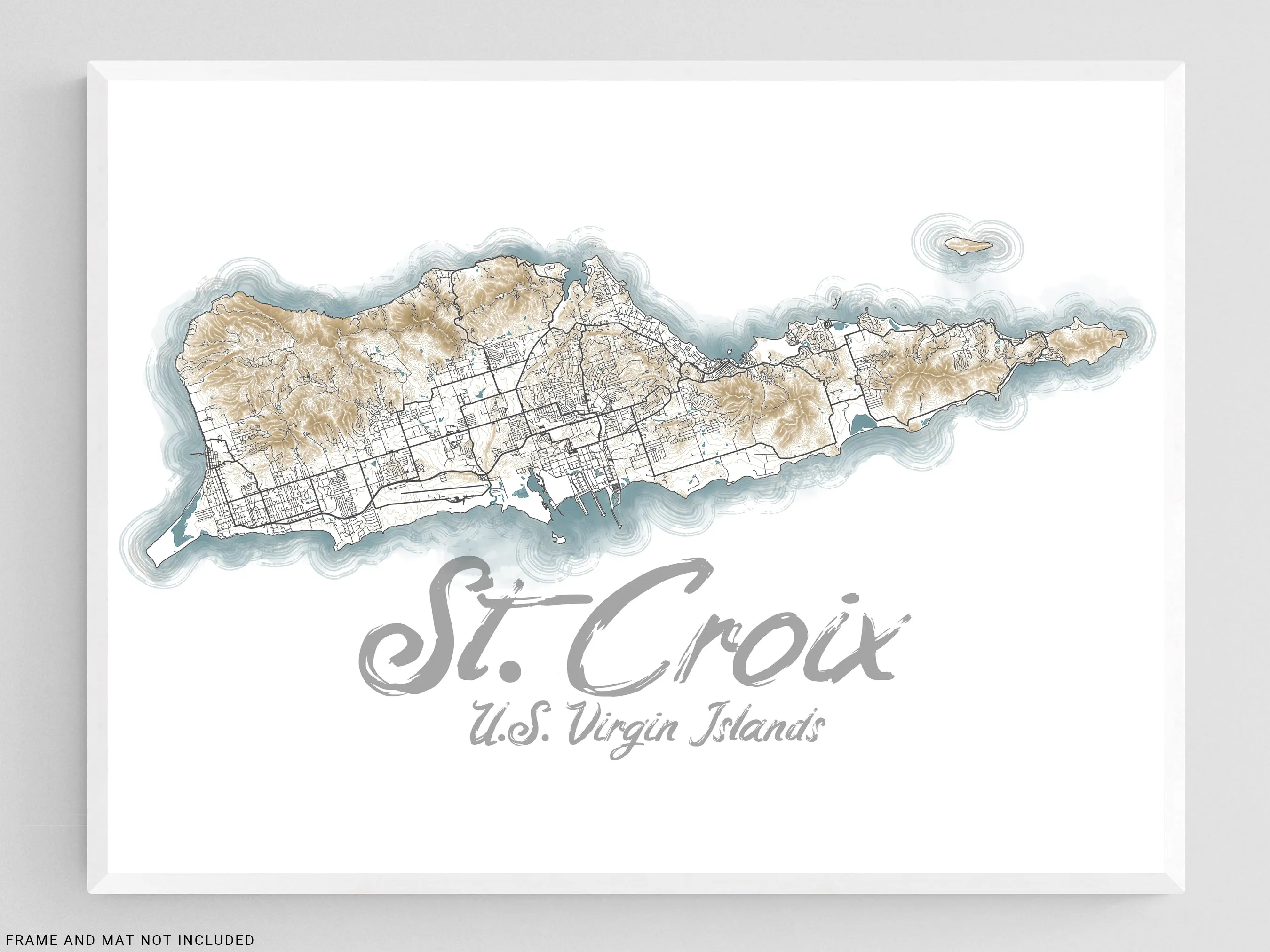 St Croix USVI Contour Map Wall Art Print Poster, Caribbean Saint Croix US Virgin Islands Maps