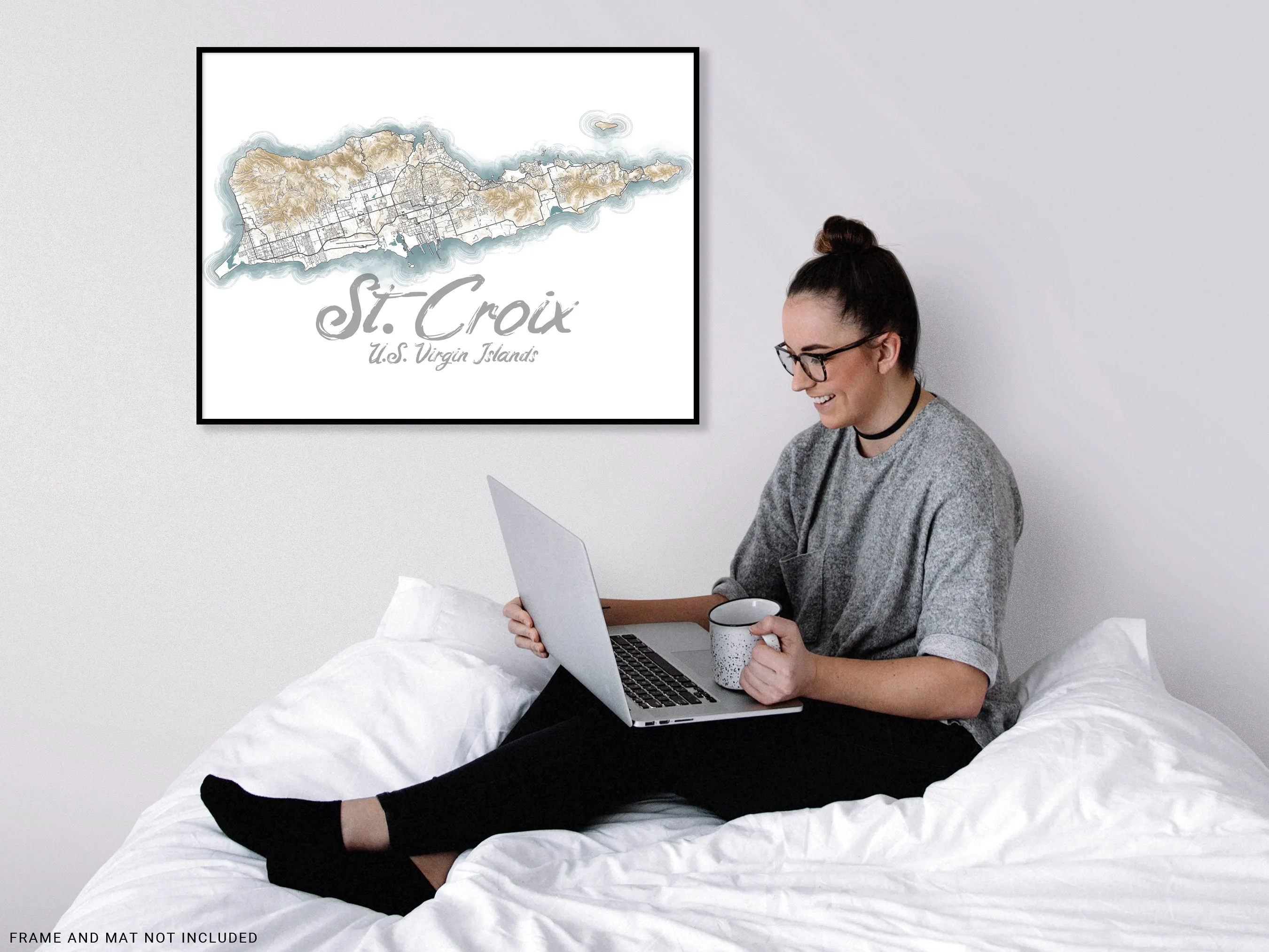 St Croix USVI Contour Map Wall Art Print Poster, Caribbean Saint Croix US Virgin Islands Maps