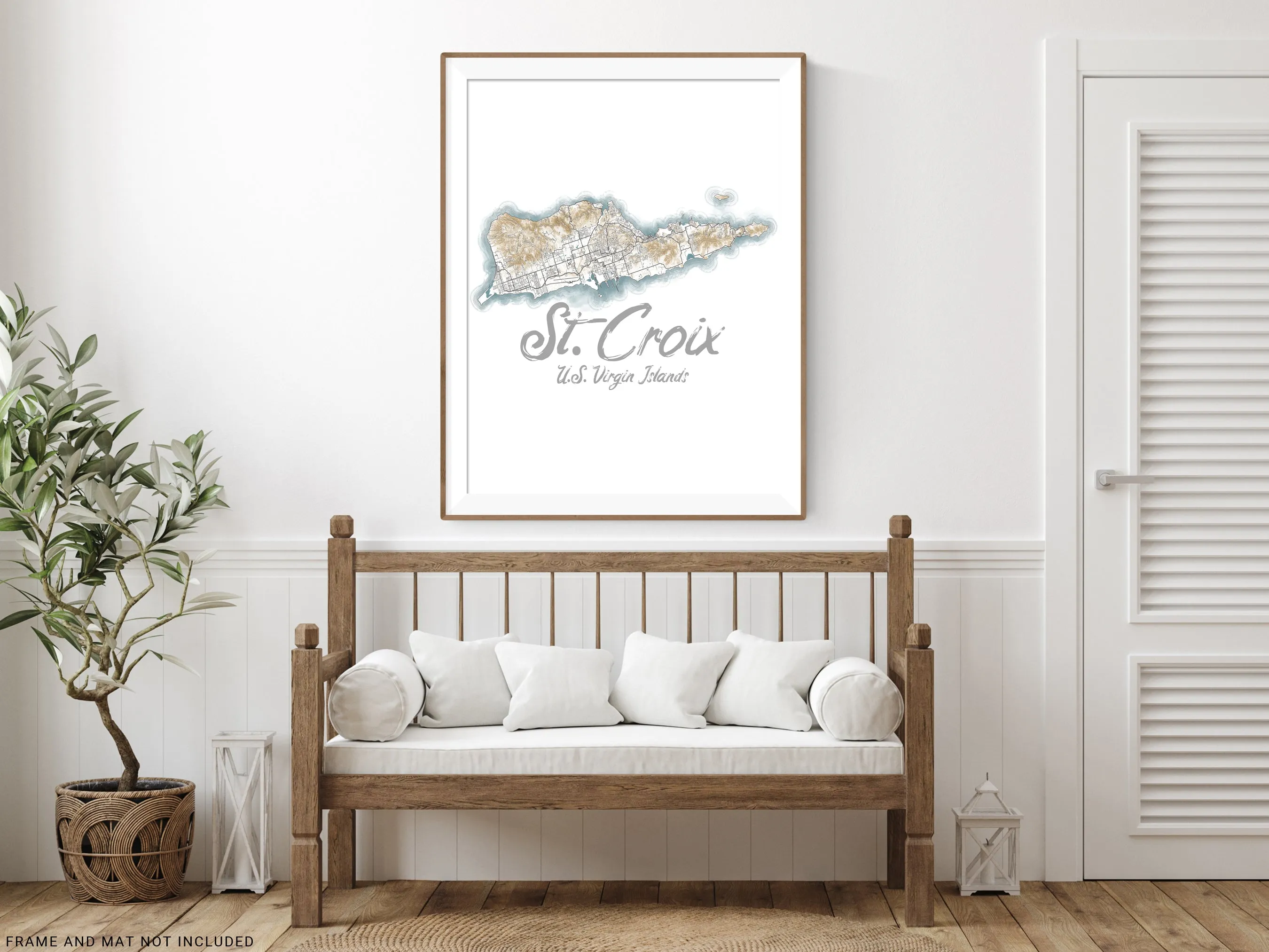 St Croix USVI Contour Map Wall Art Print Poster, Caribbean Saint Croix US Virgin Islands Maps