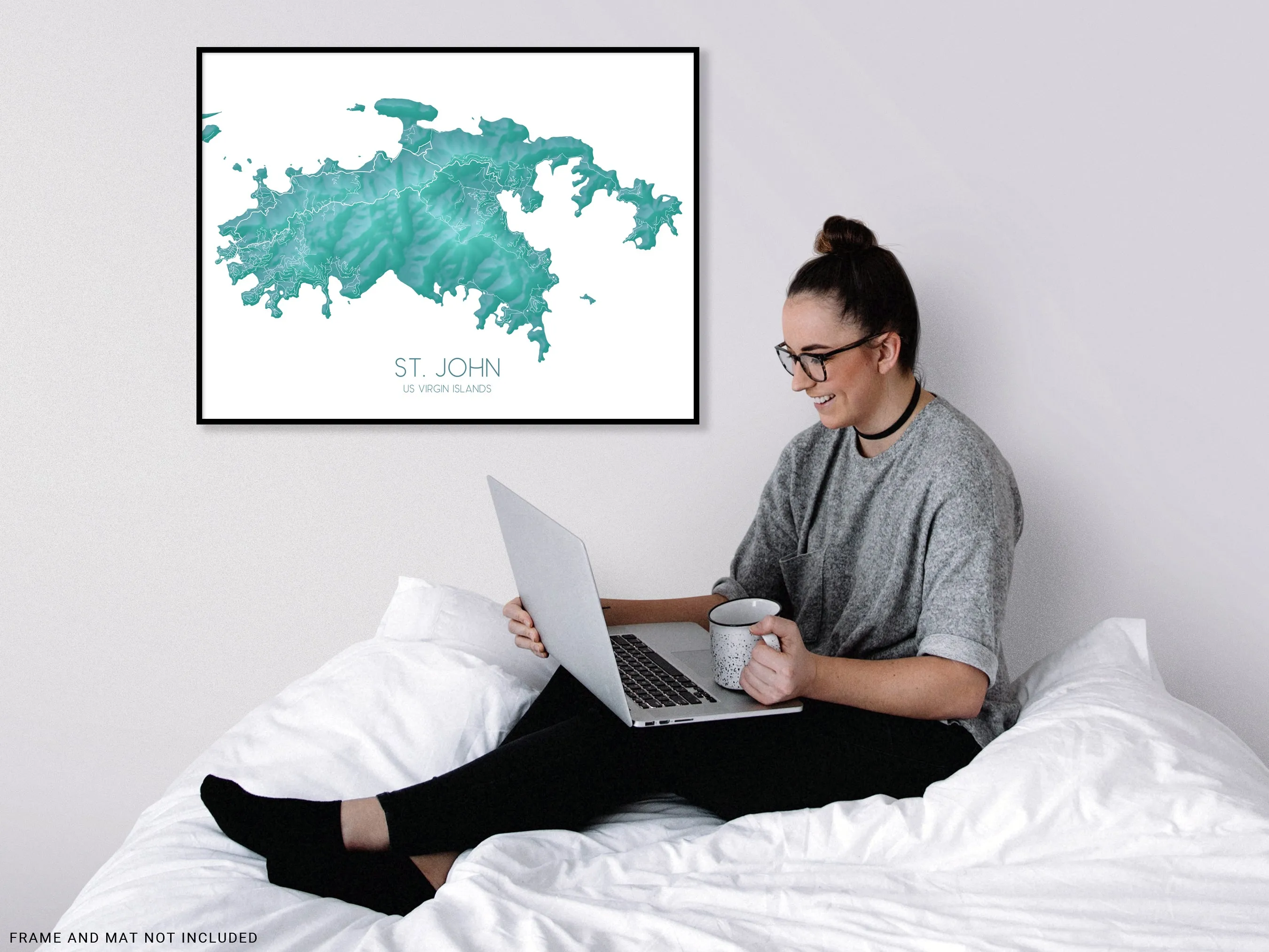 St John Map Print, Turquoise Topographic US Virgin Islands Wall Art Poster, Saint John USVI