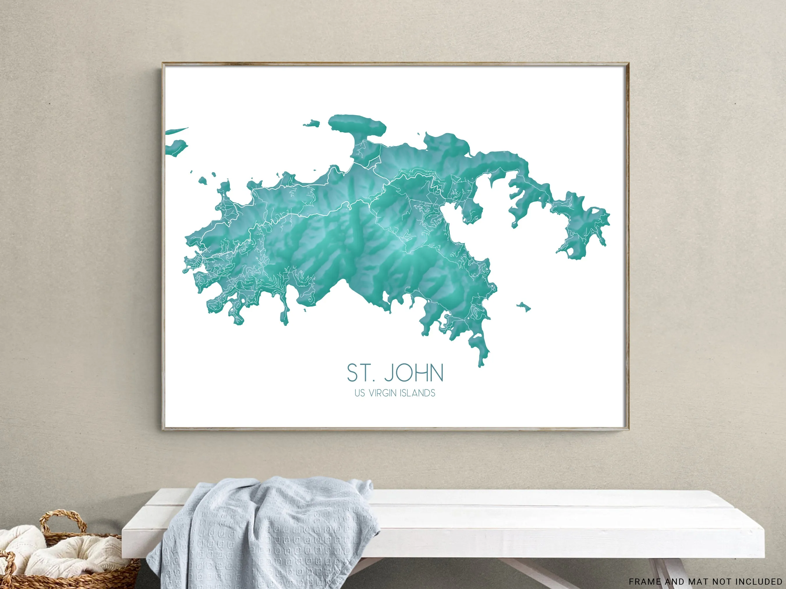 St John Map Print, Turquoise Topographic US Virgin Islands Wall Art Poster, Saint John USVI