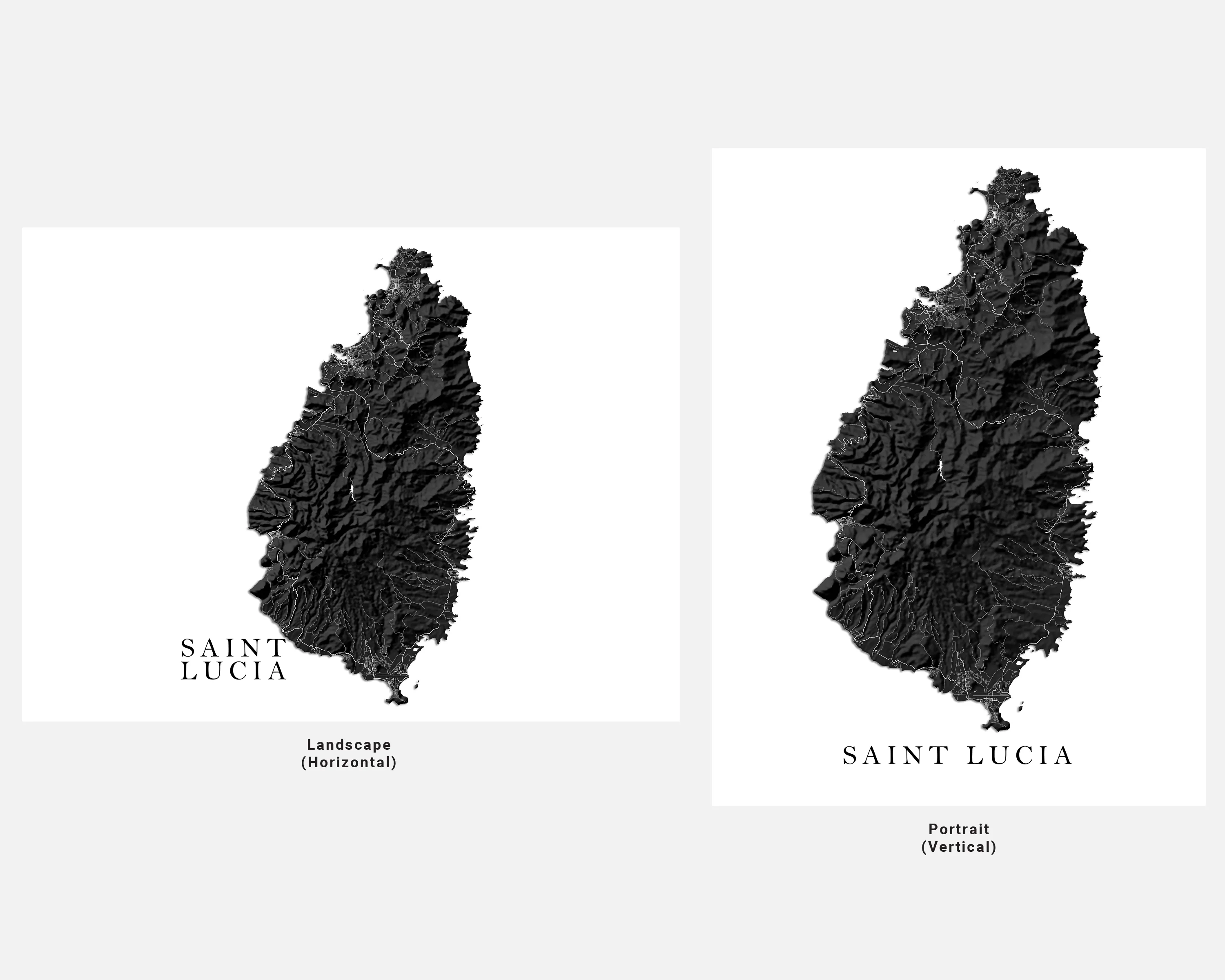 St Lucia Map Print Poster, Black and White Caribbean Island Wall Art Prints, Saint Lucia Maps
