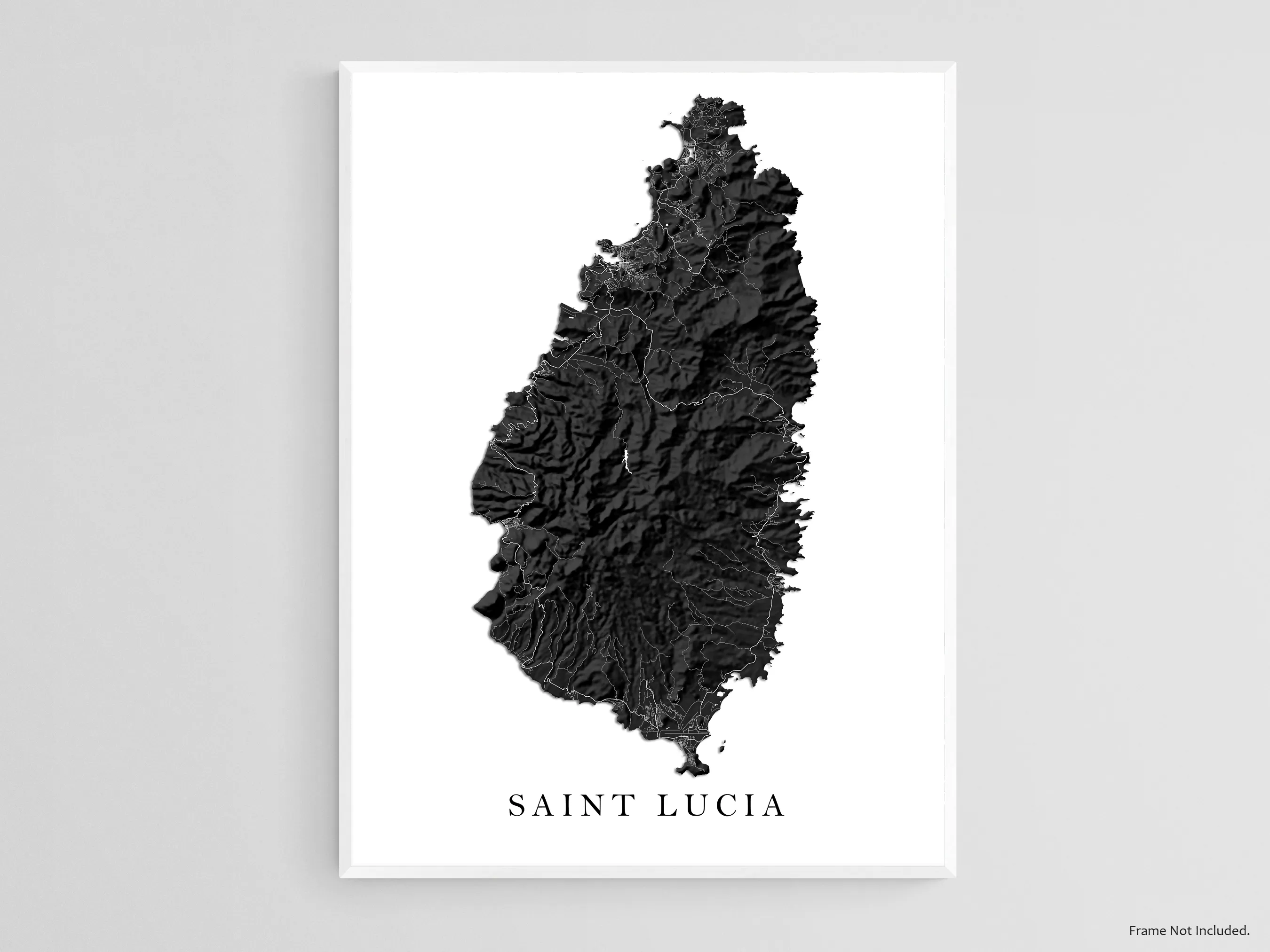 St Lucia Map Print Poster, Black and White Caribbean Island Wall Art Prints, Saint Lucia Maps