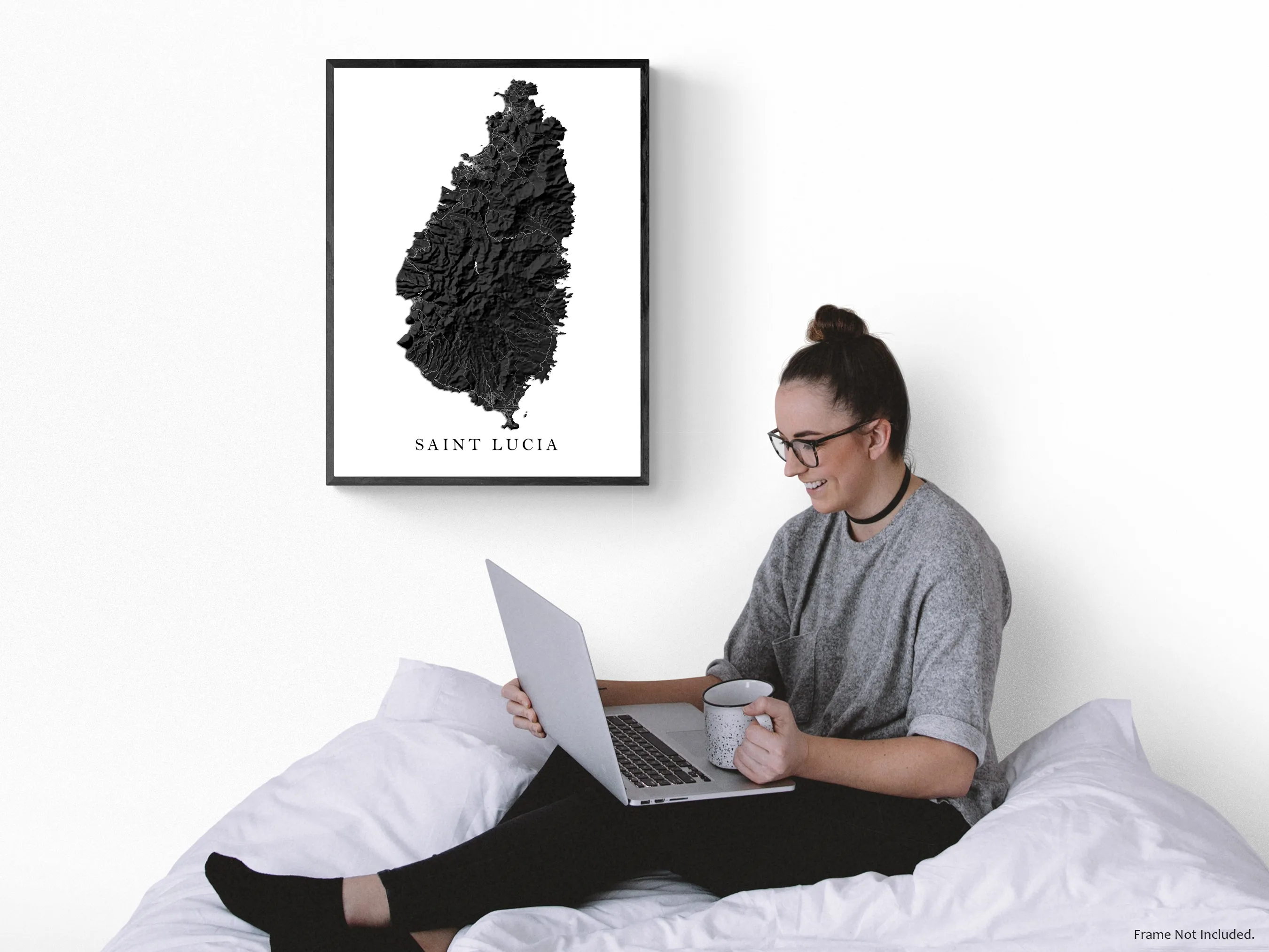 St Lucia Map Print Poster, Black and White Caribbean Island Wall Art Prints, Saint Lucia Maps
