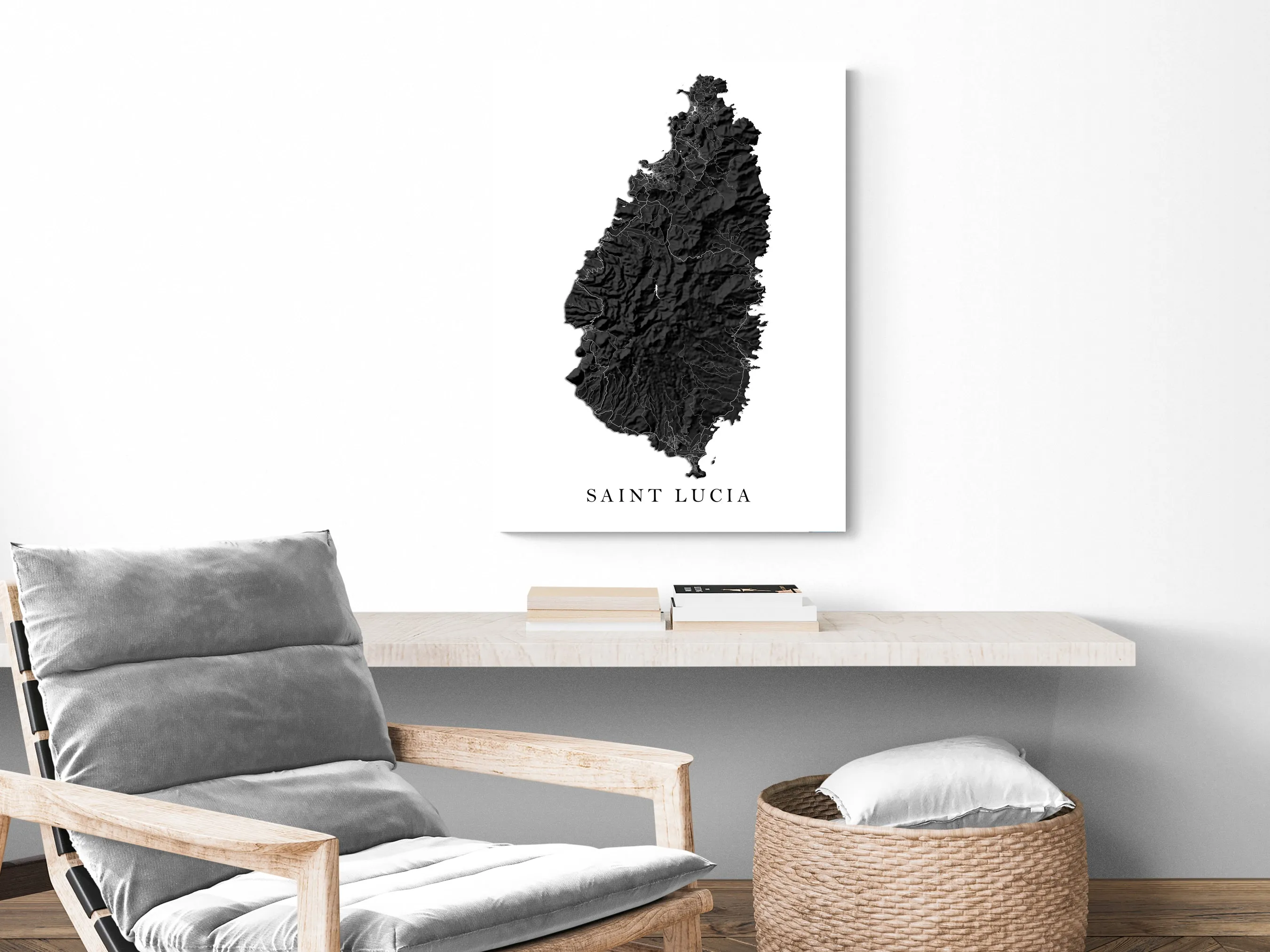 St Lucia Map Print Poster, Black and White Caribbean Island Wall Art Prints, Saint Lucia Maps