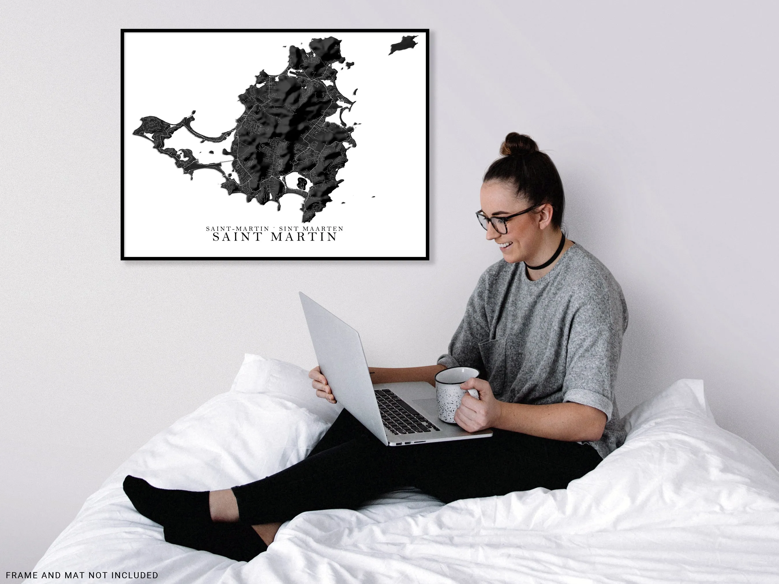 St Martin Map Print Poster, Black and White Caribbean Island Wall Art Prints, Saint Martin Saint-Martin Sint Maarten