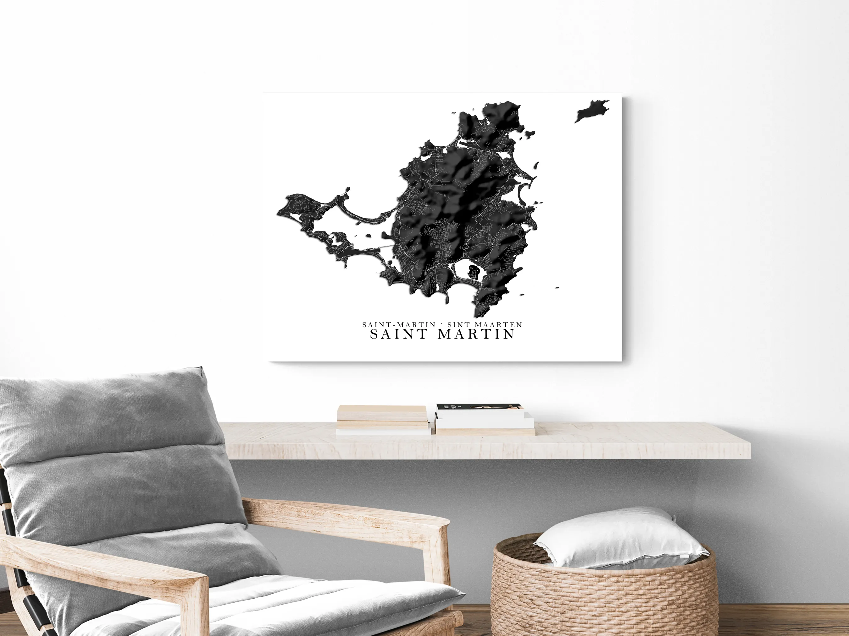 St Martin Map Print Poster, Black and White Caribbean Island Wall Art Prints, Saint Martin Saint-Martin Sint Maarten