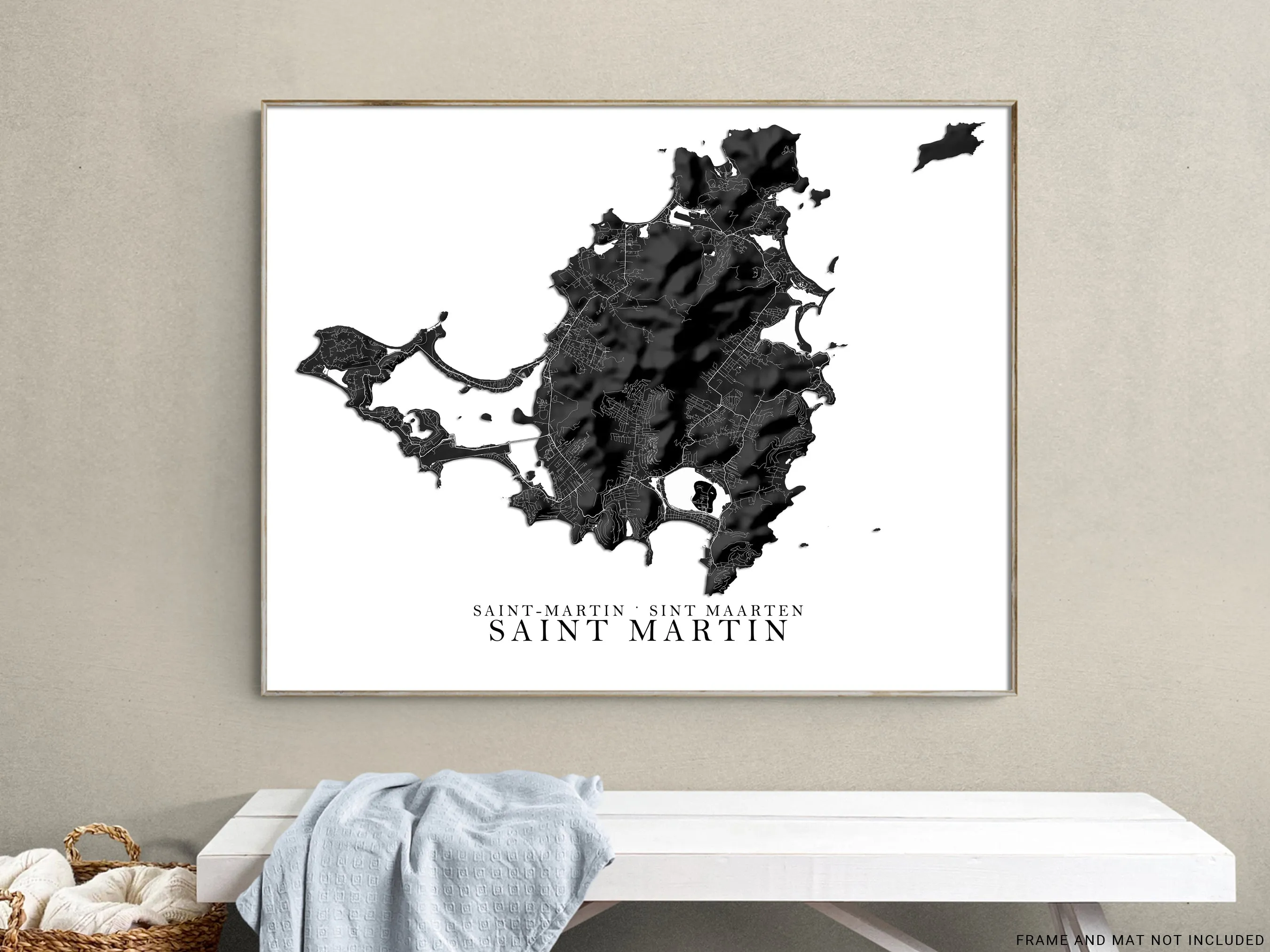 St Martin Map Print Poster, Black and White Caribbean Island Wall Art Prints, Saint Martin Saint-Martin Sint Maarten