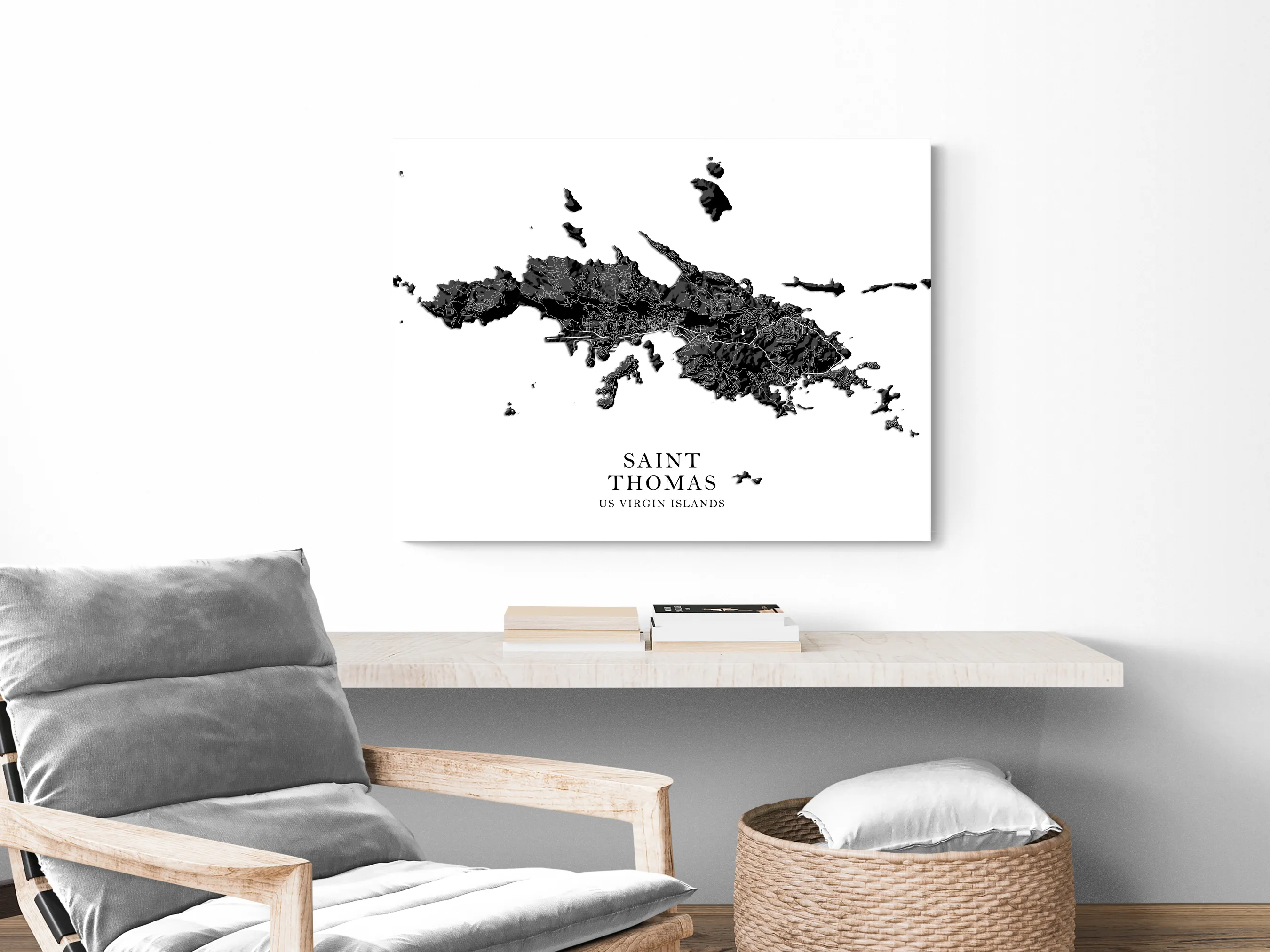 St Thomas Island, USVI Map Print Poster, Black and White US Virgin Islands Wall Art Prints, Saint Thomas