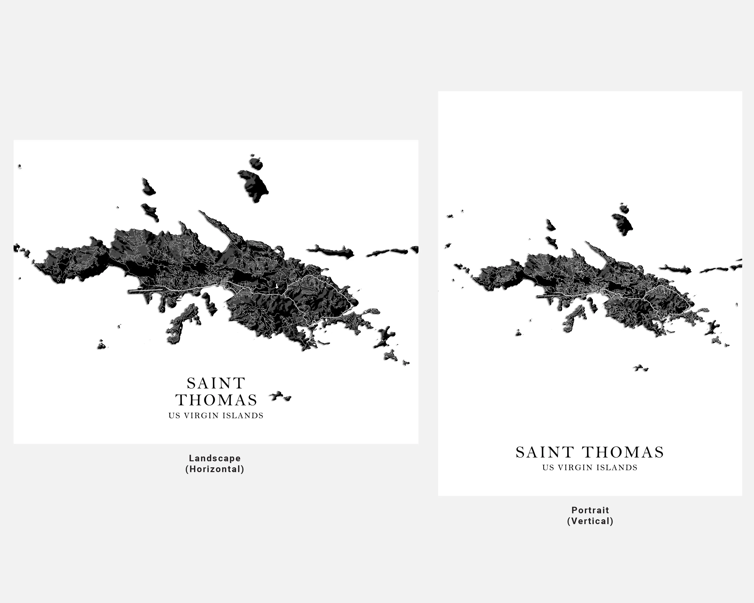 St Thomas Island, USVI Map Print Poster, Black and White US Virgin Islands Wall Art Prints, Saint Thomas