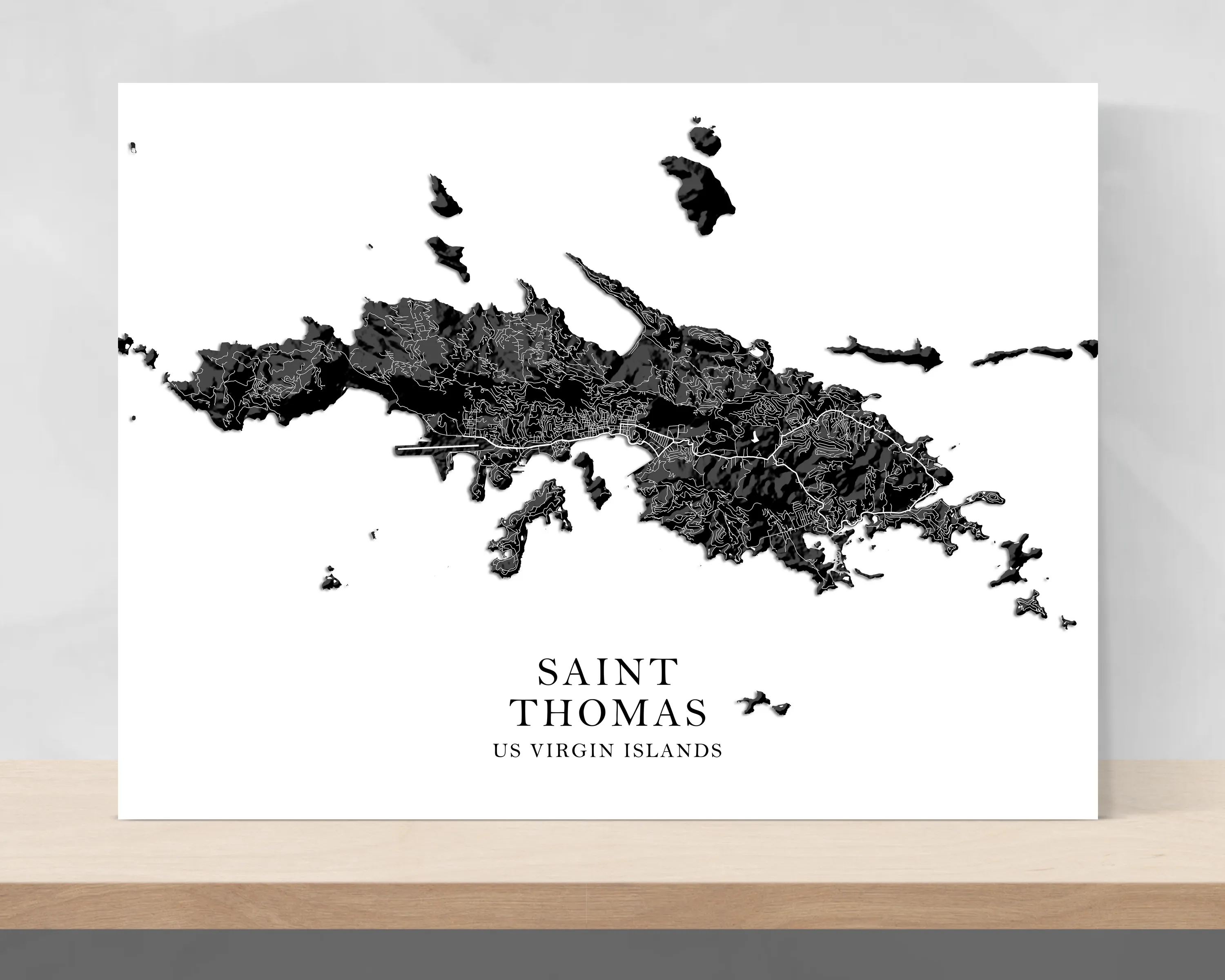 St Thomas Island, USVI Map Print Poster, Black and White US Virgin Islands Wall Art Prints, Saint Thomas