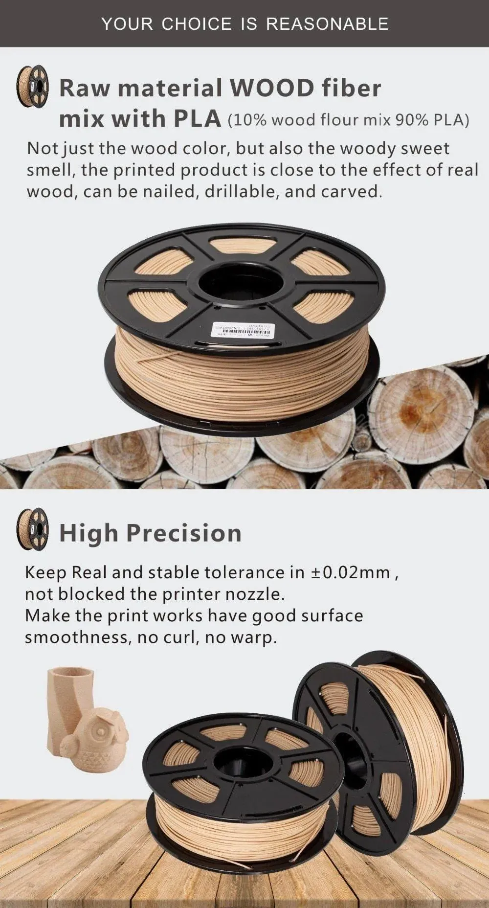 SUNLU Wood Fibre PLA Filament: Make great wood effect prints, 1.75mm 1kg/2.2lb Spool for 3D Printer