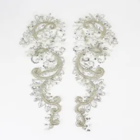 SUNMOVE One Set 3D Beaded Embroidery Sequin Lace Applique Silver Mirror Sew On Flower Fabric Collar Patch For Wedding Gown Dress Bridal DIY Crafts