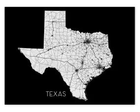 Texas Map Wall Art Print, TX State Poster with Roads, Colorful Background