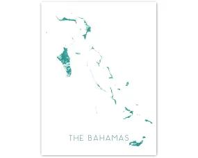 The Bahamas Map Wall Art Print, Turquoise Caribbean Islands Poster, Eleuthera, Exuma, Abacos