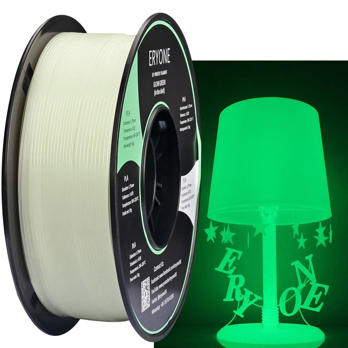 [US] ERYONE Glow in the Dark Filament: 1.75mm 1kg 3D Printer Luminous PLA Filament