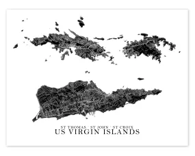 USVI Map Print Poster, Black and White US Virgin Islands Wall Art Prints, St John St Thomas Saint Croix