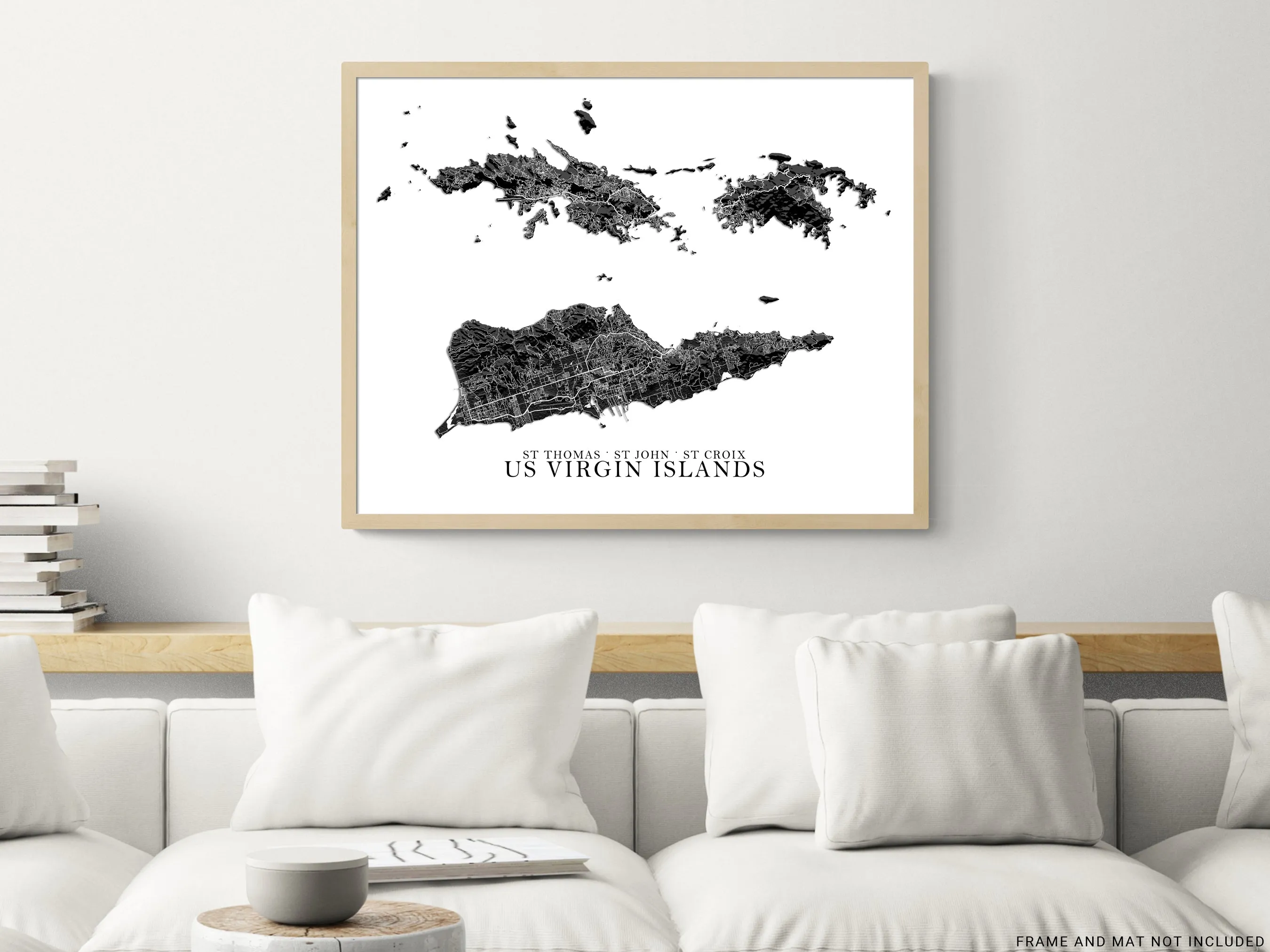 USVI Map Print Poster, Black and White US Virgin Islands Wall Art Prints, St John St Thomas Saint Croix