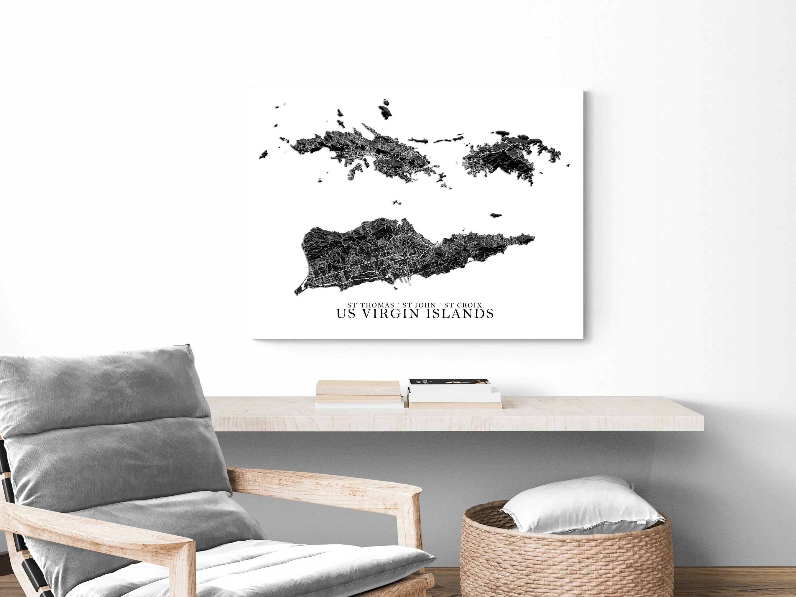 USVI Map Print Poster, Black and White US Virgin Islands Wall Art Prints, St John St Thomas Saint Croix