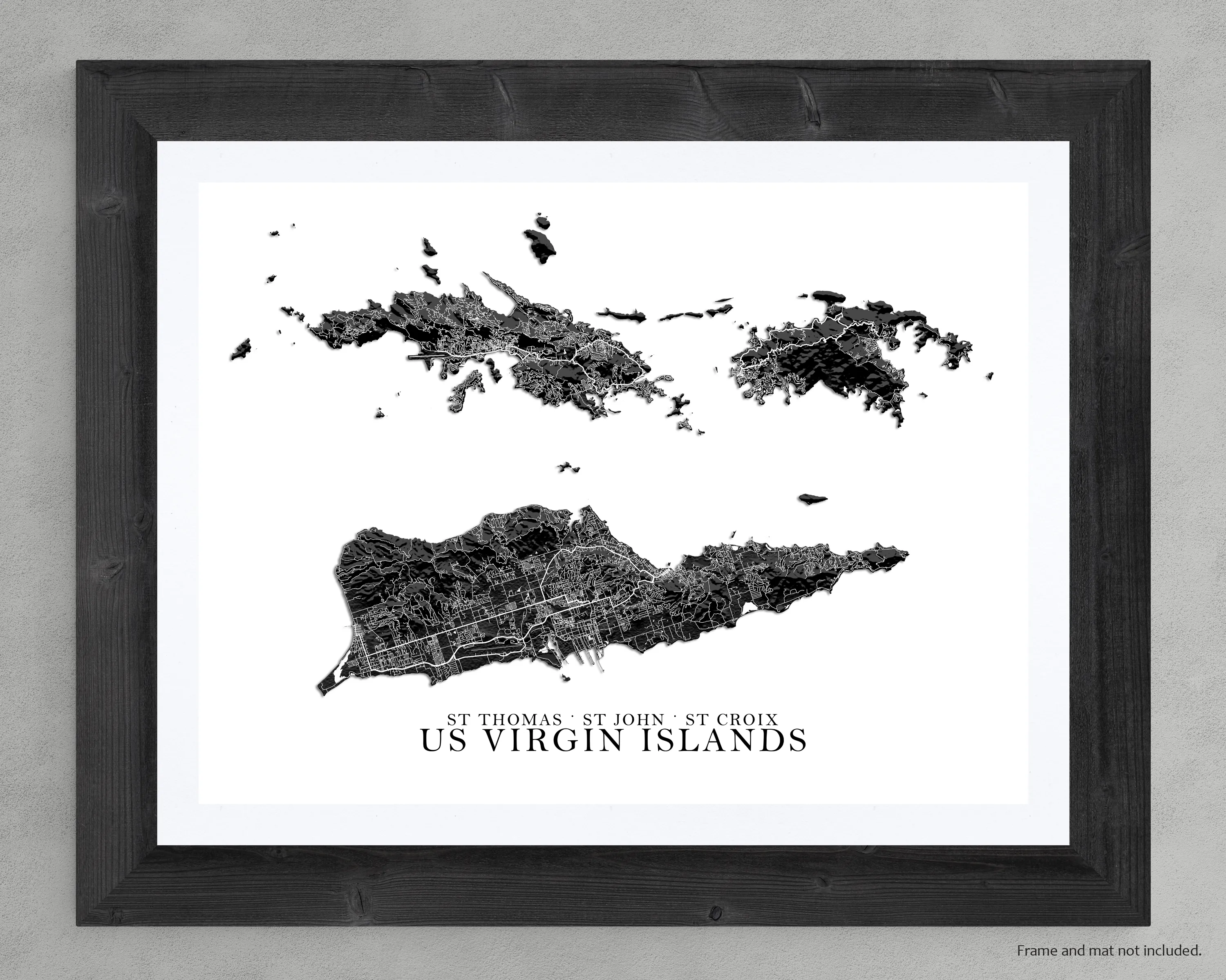 USVI Map Print Poster, Black and White US Virgin Islands Wall Art Prints, St John St Thomas Saint Croix