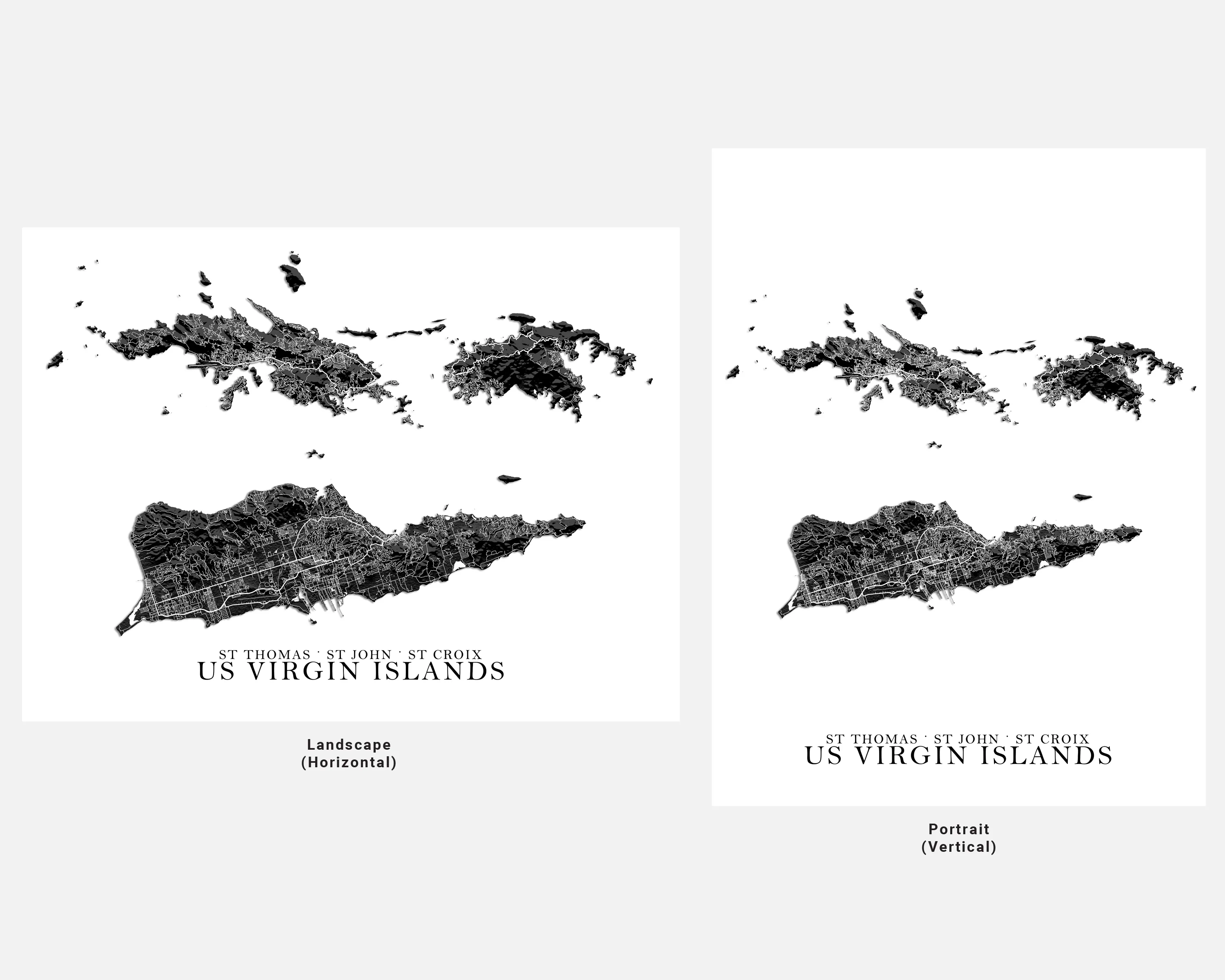 USVI Map Print Poster, Black and White US Virgin Islands Wall Art Prints, St John St Thomas Saint Croix