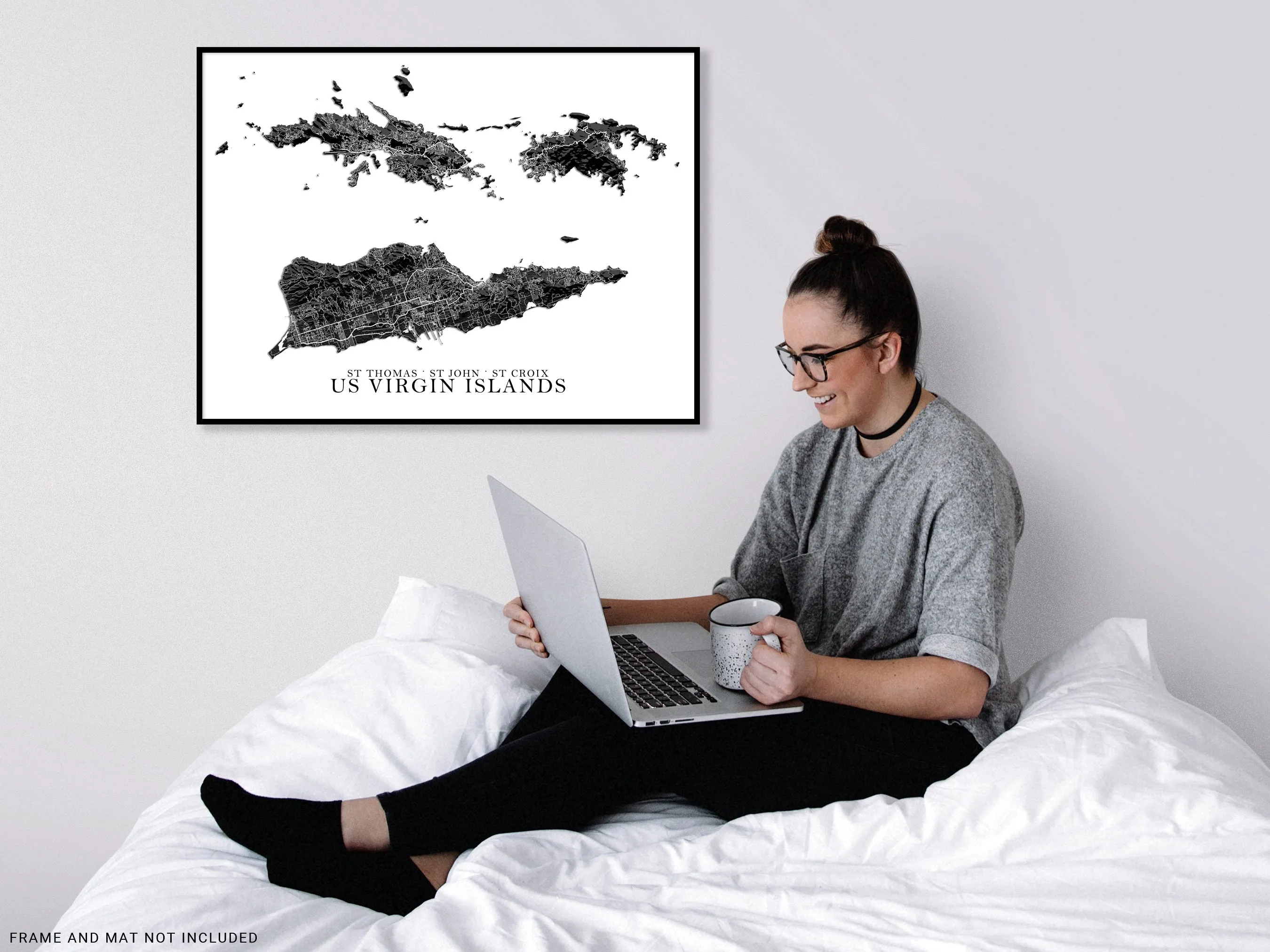USVI Map Print Poster, Black and White US Virgin Islands Wall Art Prints, St John St Thomas Saint Croix
