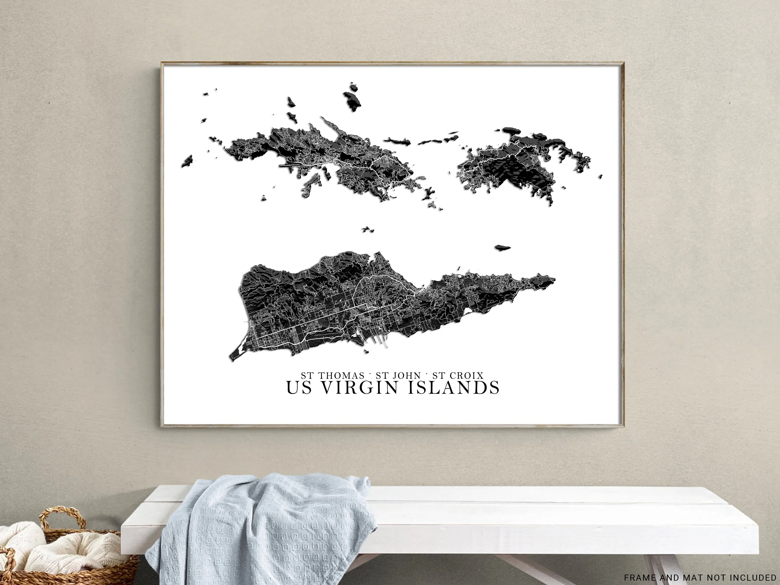 USVI Map Print Poster, Black and White US Virgin Islands Wall Art Prints, St John St Thomas Saint Croix