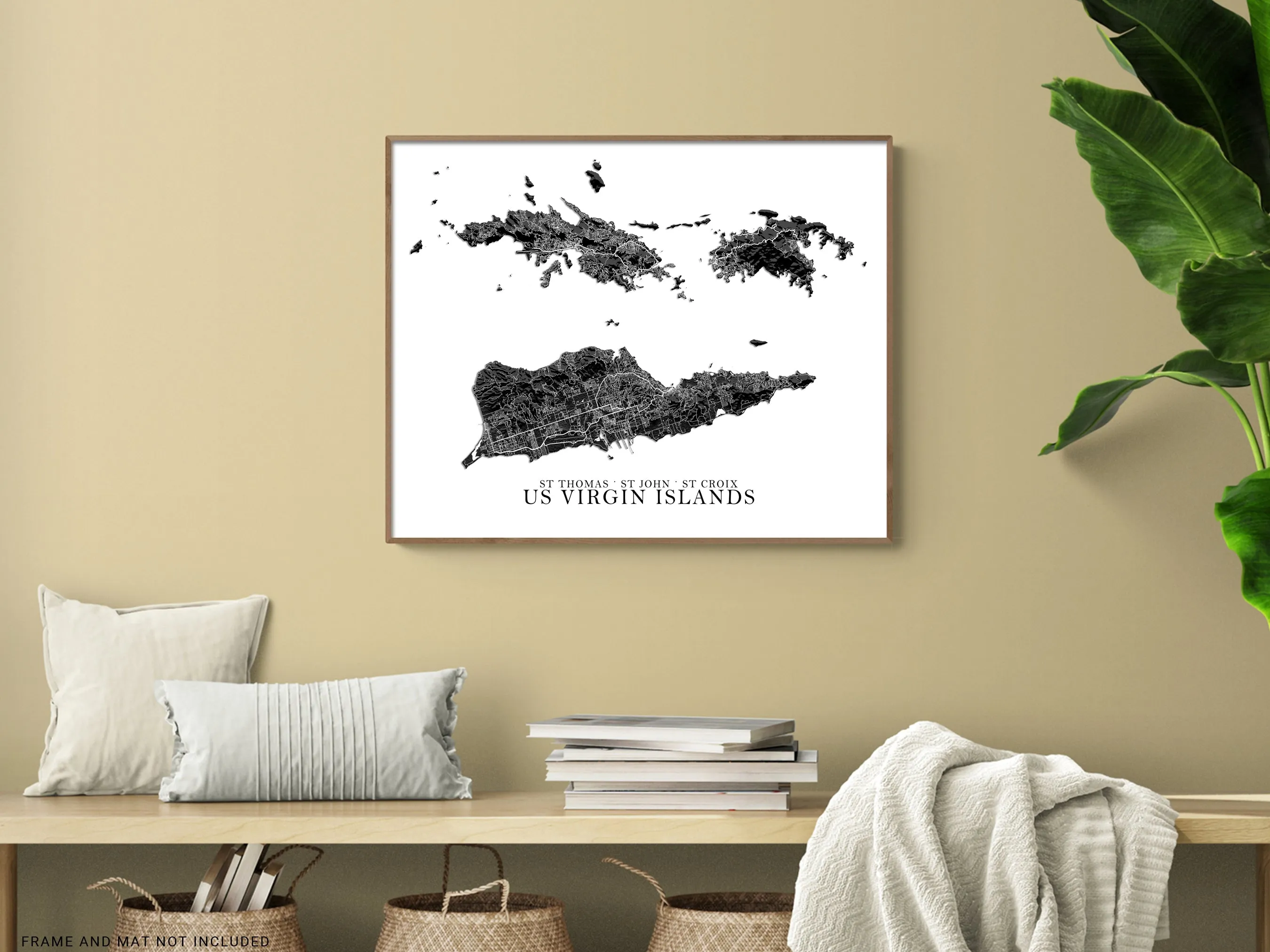 USVI Map Print Poster, Black and White US Virgin Islands Wall Art Prints, St John St Thomas Saint Croix