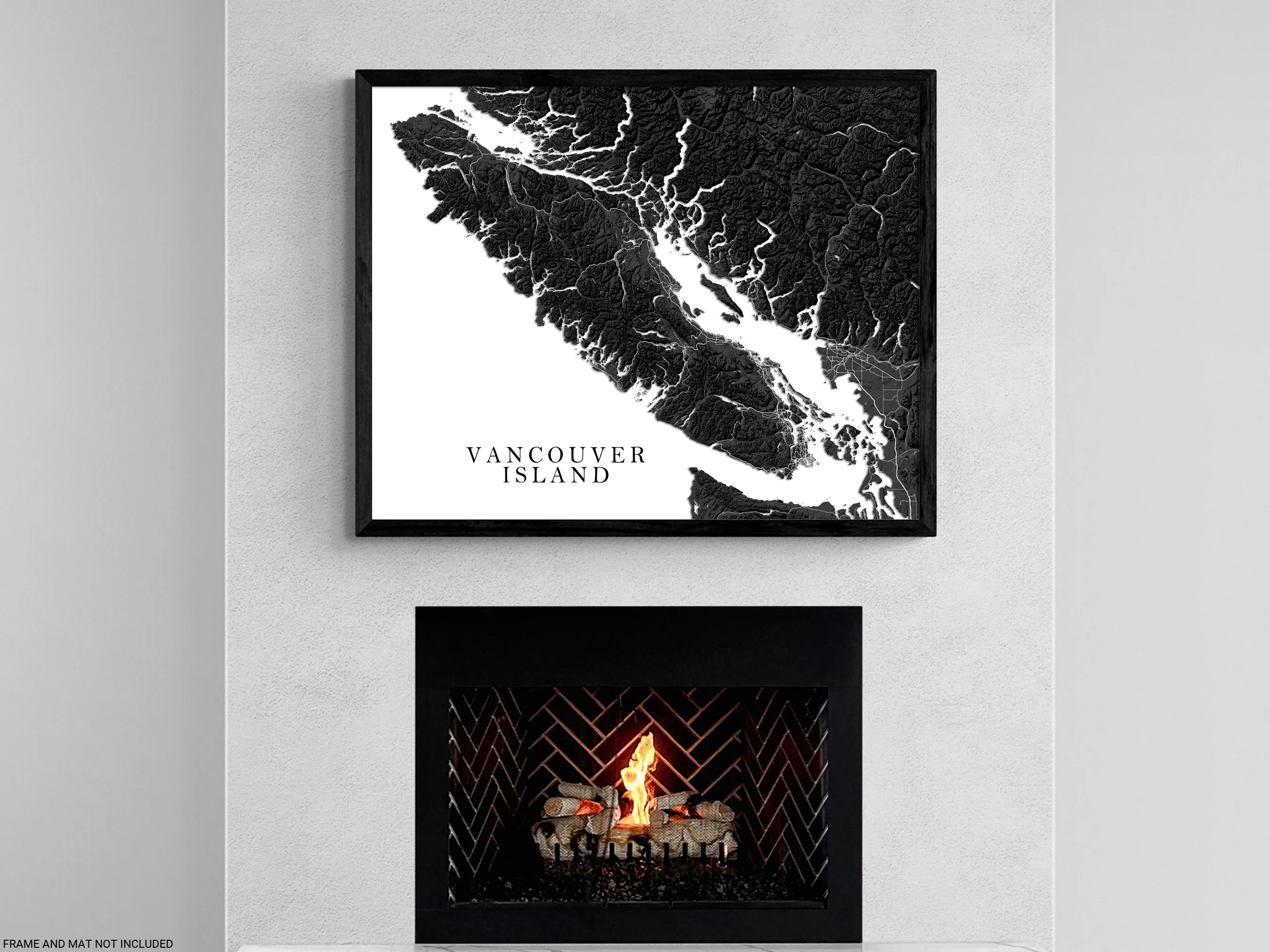 Vancouver Island BC Canada Regional Map Wall Art Print Poster, Black and White Topographic Road Maps, Victoria Nanaimo Gulf Islands