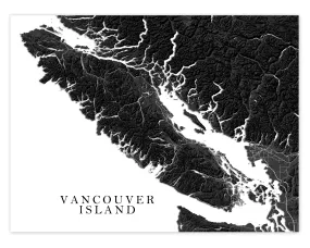 Vancouver Island BC Canada Regional Map Wall Art Print Poster, Black and White Topographic Road Maps, Victoria Nanaimo Gulf Islands