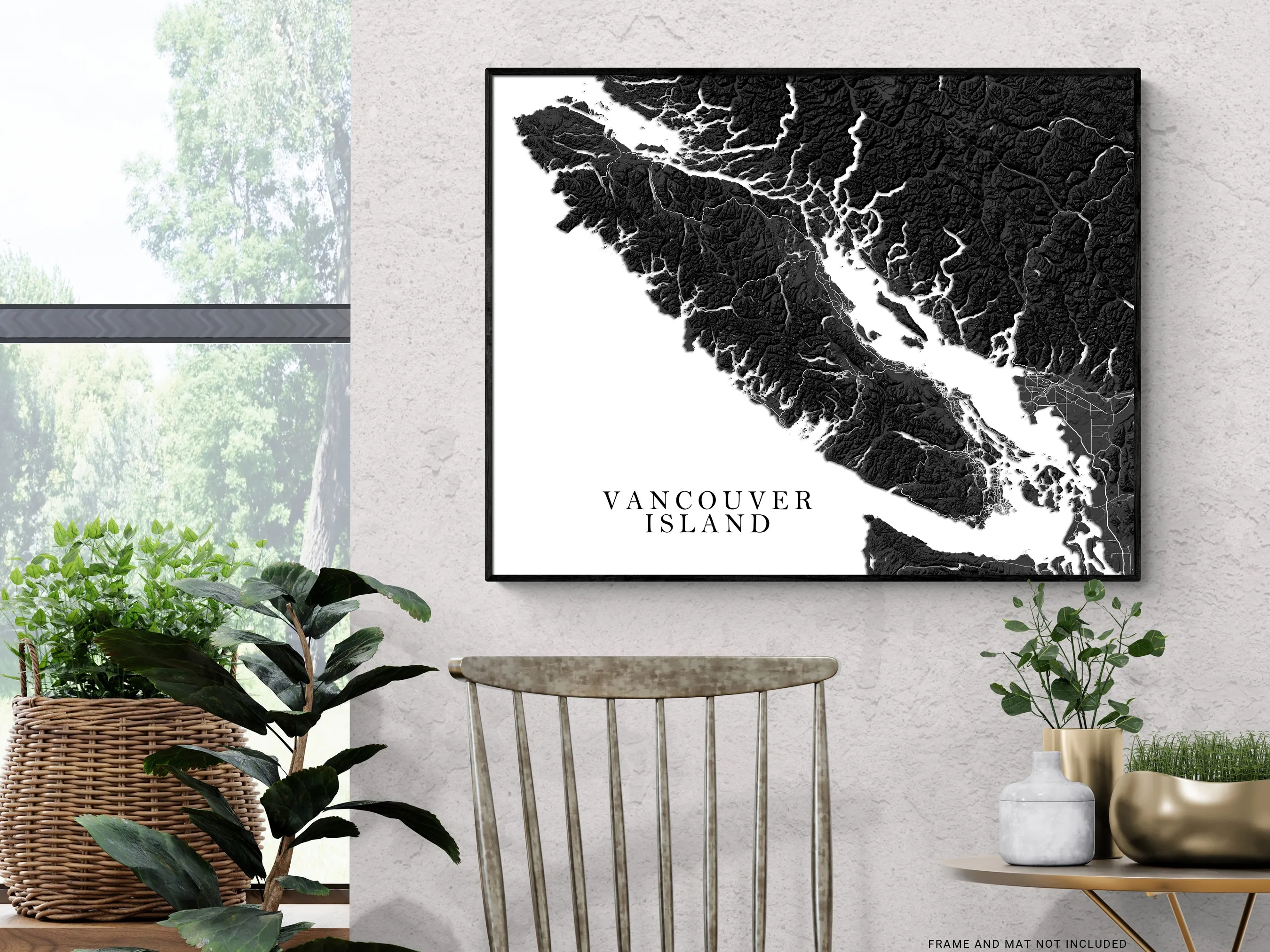Vancouver Island BC Canada Regional Map Wall Art Print Poster, Black and White Topographic Road Maps, Victoria Nanaimo Gulf Islands