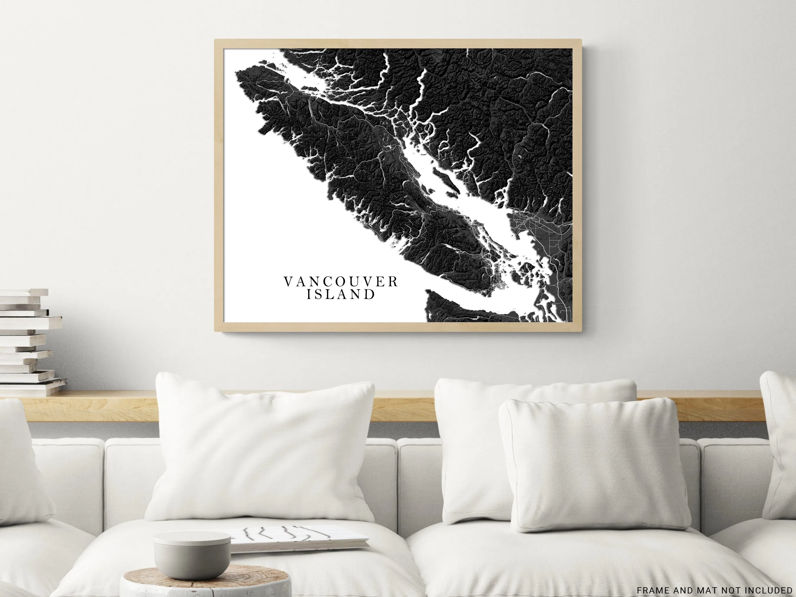 Vancouver Island BC Canada Regional Map Wall Art Print Poster, Black and White Topographic Road Maps, Victoria Nanaimo Gulf Islands