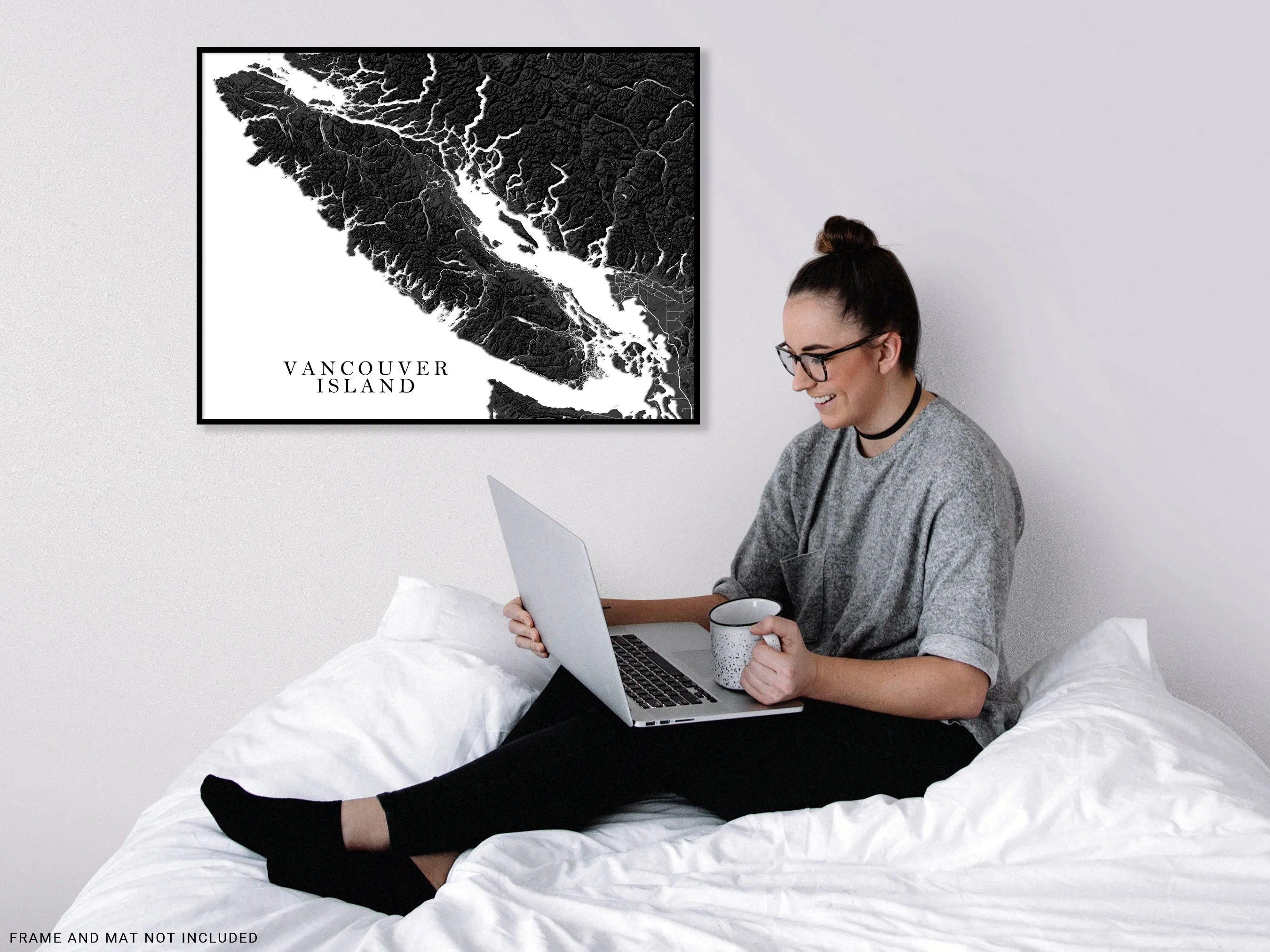 Vancouver Island BC Canada Regional Map Wall Art Print Poster, Black and White Topographic Road Maps, Victoria Nanaimo Gulf Islands