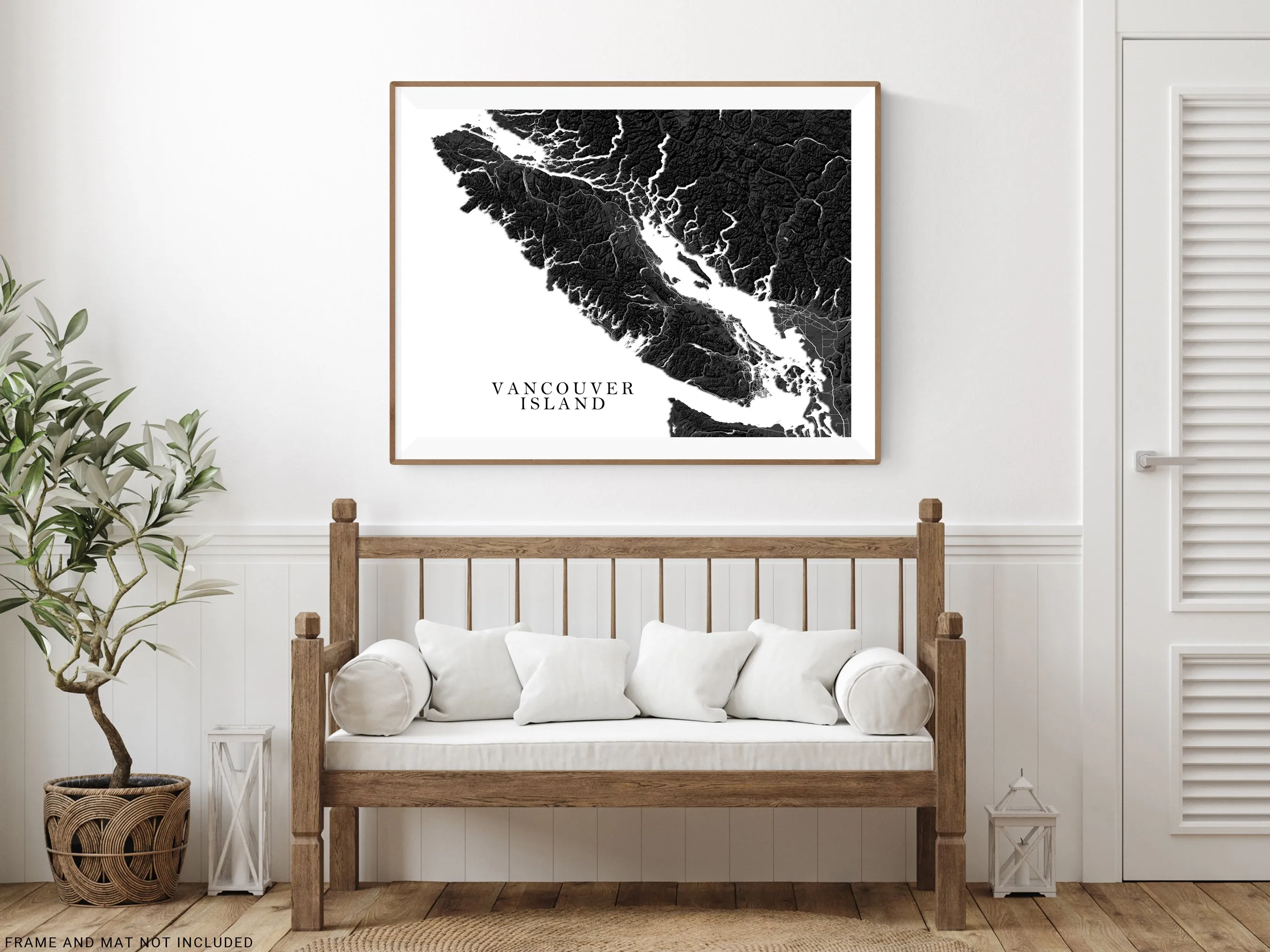 Vancouver Island BC Canada Regional Map Wall Art Print Poster, Black and White Topographic Road Maps, Victoria Nanaimo Gulf Islands