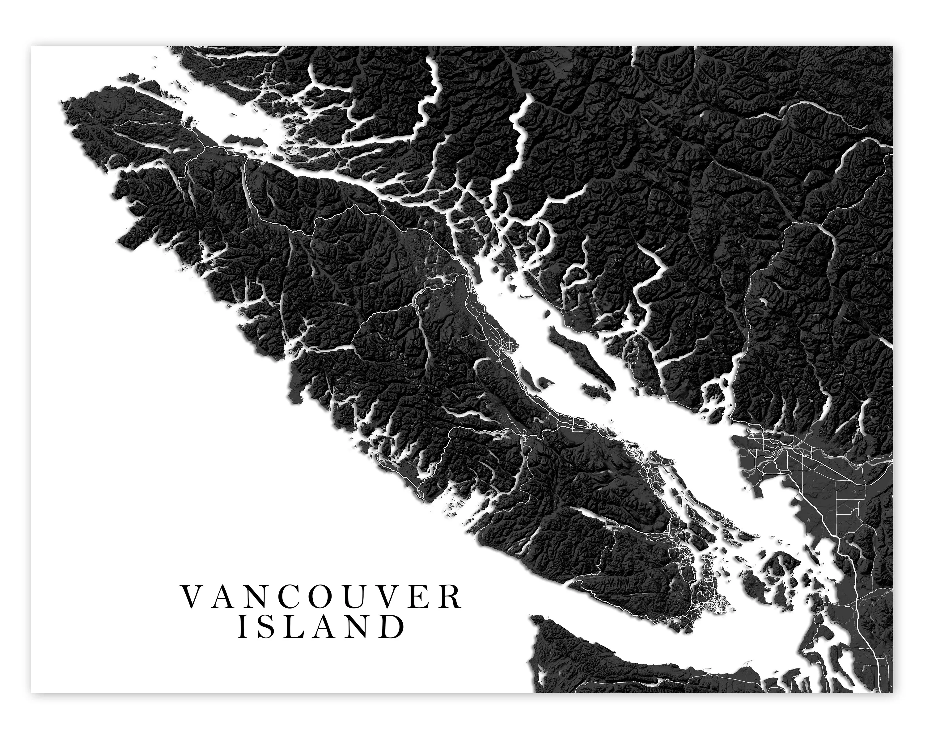 Vancouver Island BC Canada Regional Map Wall Art Print Poster, Black and White Topographic Road Maps, Victoria Nanaimo Gulf Islands
