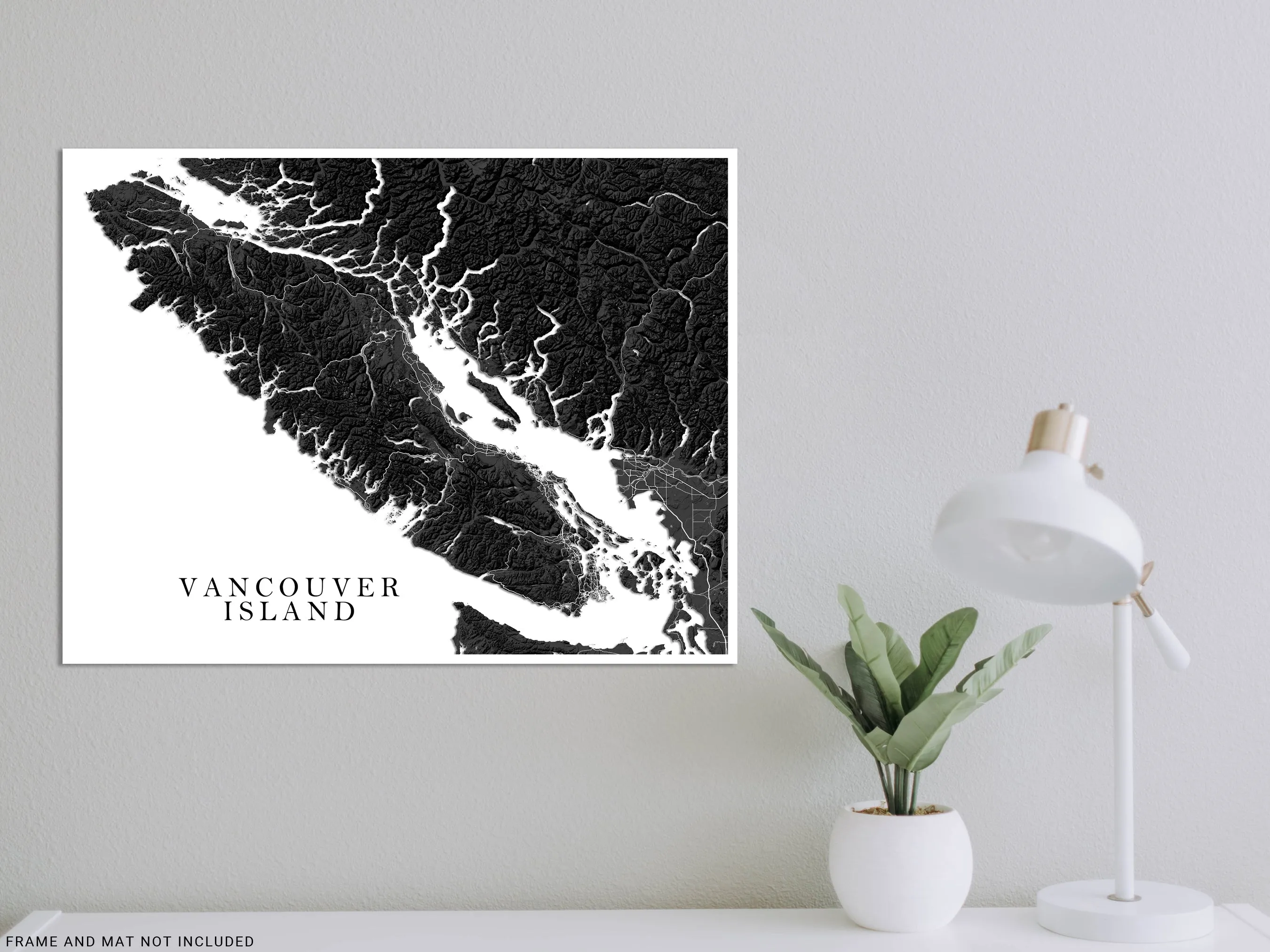 Vancouver Island BC Canada Regional Map Wall Art Print Poster, Black and White Topographic Road Maps, Victoria Nanaimo Gulf Islands