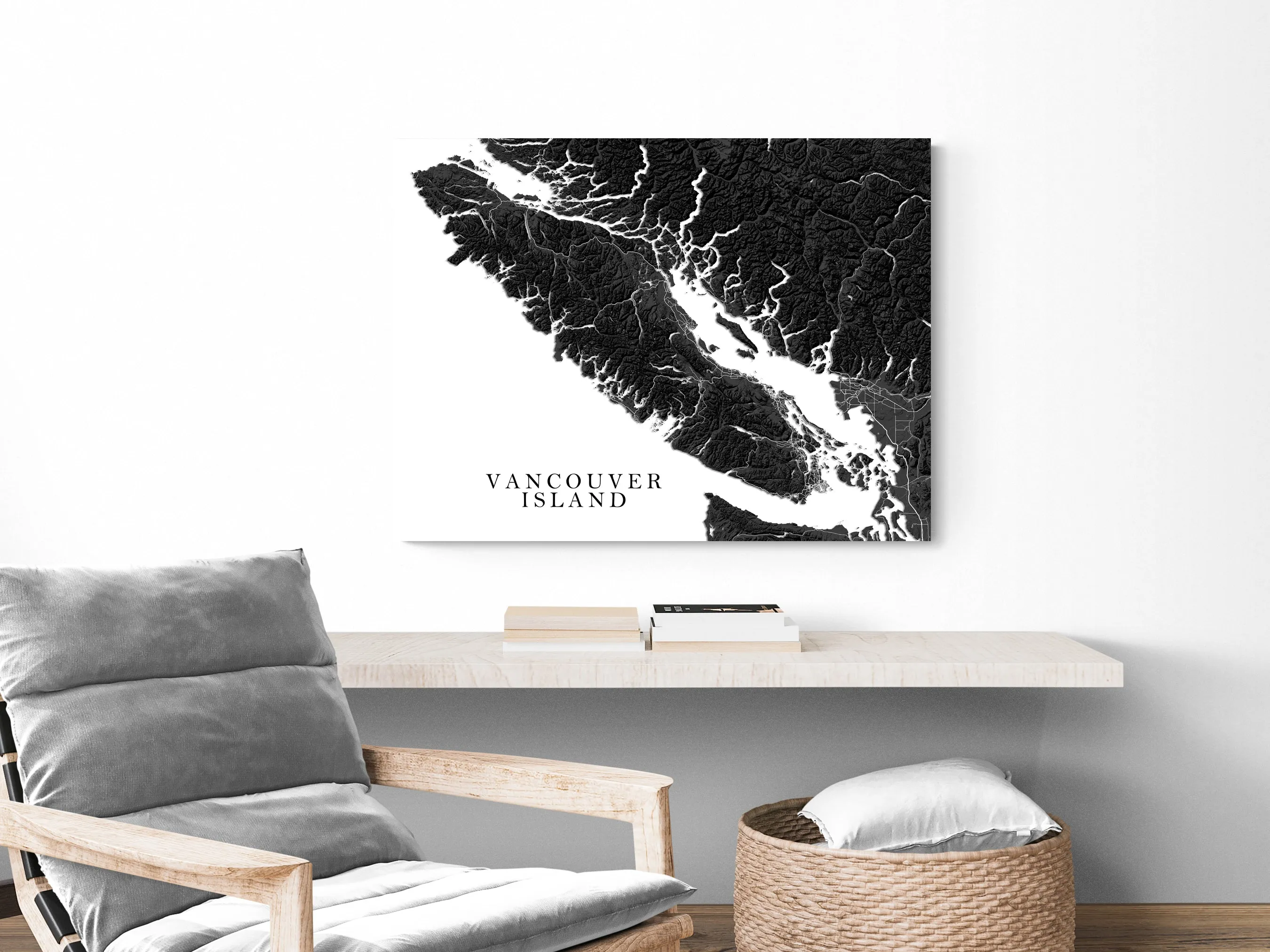 Vancouver Island BC Canada Regional Map Wall Art Print Poster, Black and White Topographic Road Maps, Victoria Nanaimo Gulf Islands