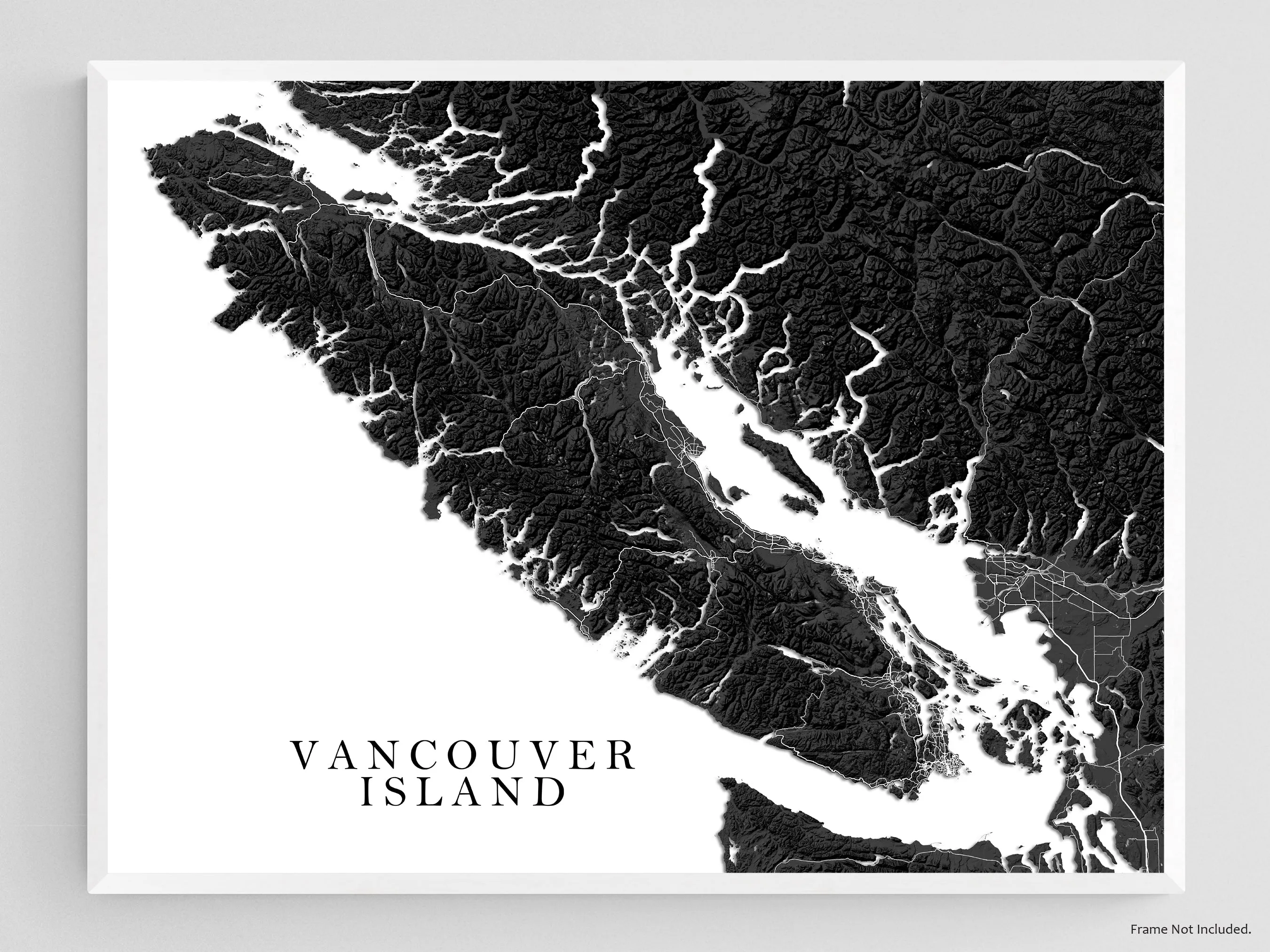 Vancouver Island BC Canada Regional Map Wall Art Print Poster, Black and White Topographic Road Maps, Victoria Nanaimo Gulf Islands